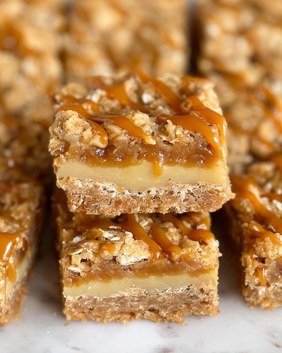 The image shows square oat bars stacked closely together on a white marbled surface. One oat bar is lifted above the others, revealing three layers: a bottom layer with a dense, golden-brown crust with visible oats, a middle pale yellow layer that looks smooth and soft, and a top crumbly oat layer with scattered oats and drizzles of shiny caramel sauce in golden amber color. The texture appears crunchy on top with some caramel glossy spots. photo taken with an iphone --ar 4:5 --v 7