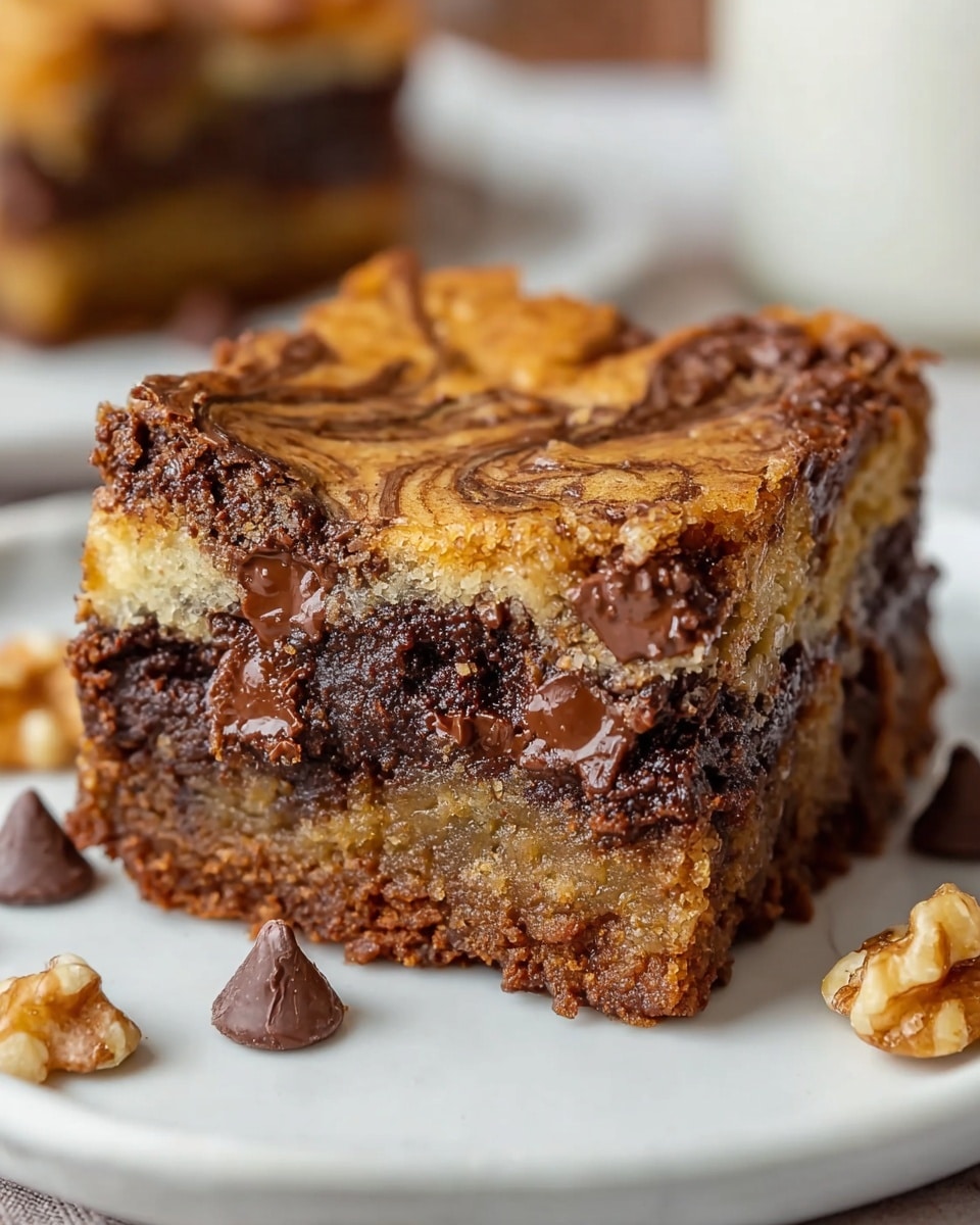 A close-up of a square piece of layered dessert on a white plate sitting on a white marbled surface. The dessert has two main layers: the top and bottom layers are light brown with a crumbly texture, and the middle layer is darker brown, moist, and rich with melted chocolate bits visible. The top layer has a cracked, soft-looking crust with chocolate swirls, while the middle layer looks dense and gooey with chocolate chunks spread unevenly throughout. The white plate also shows a few chocolate chips and walnut pieces around the dessert. Photo taken with an iphone --ar 4:5 --v 7