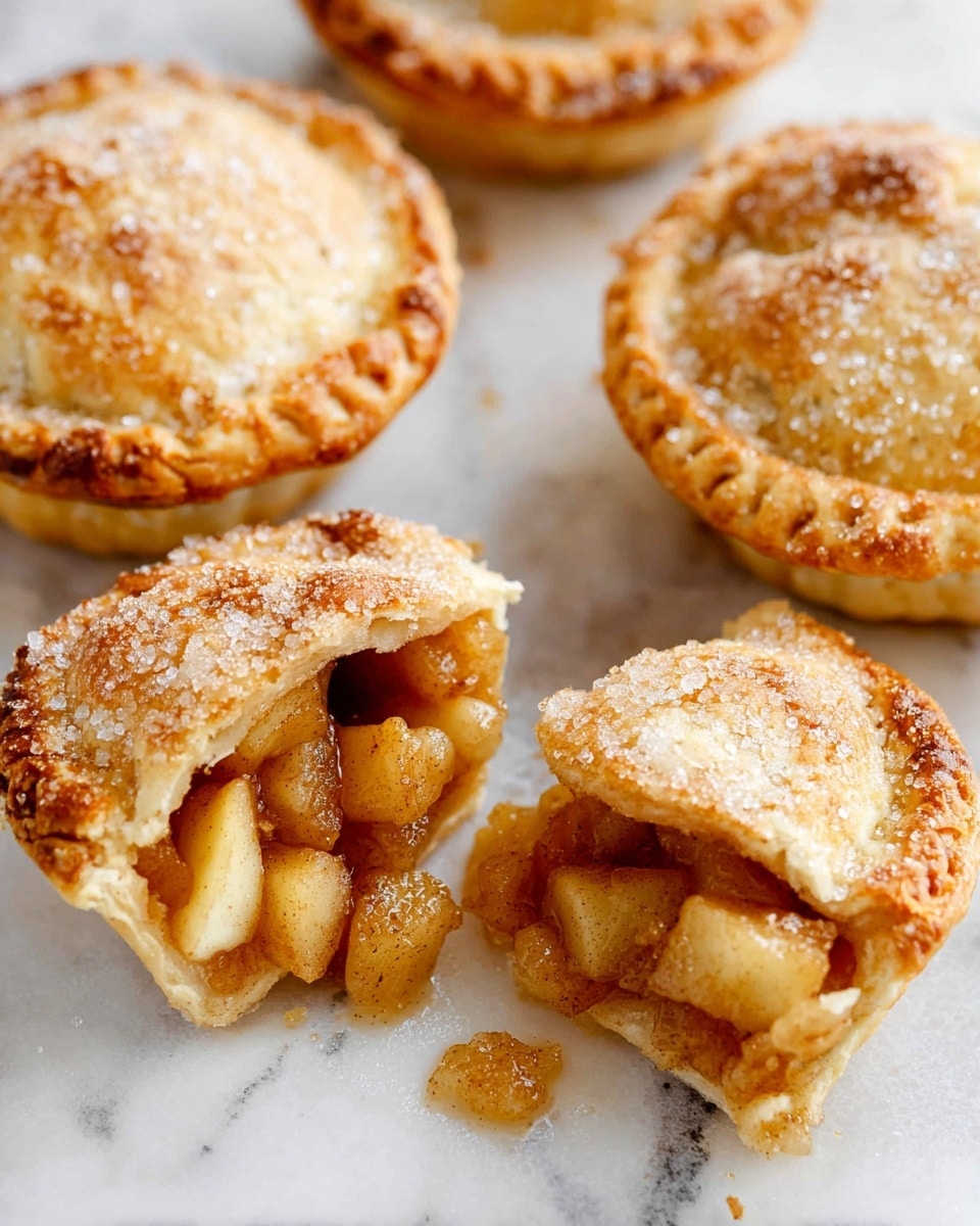 The image shows four small round apple pies on a white marbled surface. The pies have a golden brown, flaky crust sprinkled with sugar on top, giving the outer layer a crispy texture. One pie is broken open, revealing three layers: the outer flaky crust, a middle layer of soft, cooked apple pieces in light brown syrup, and the base crust. The apple filling is chunky and warm-looking, with small cubes of apple coated in a cinnamon-like spice. The scattered sugar and syrup on the surface add a slight shine to the scene. photo taken with an iphone --ar 4:5 --v 7