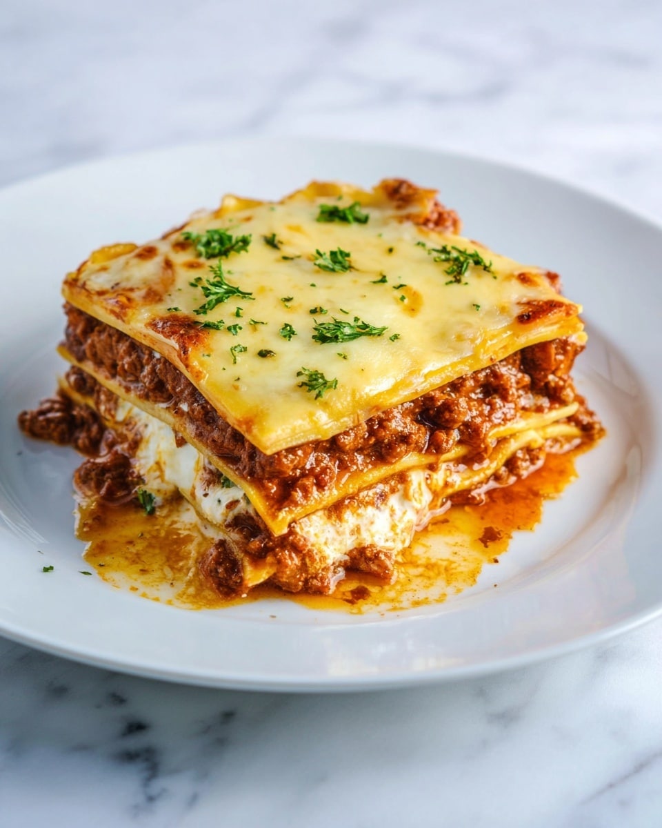 A square piece of lasagna served on a white plate sits on a white marbled surface. It has six visible layers: a top layer of melted light yellow cheese with small green parsley leaves scattered on it, followed by a thin flat pasta layer; below that is a thick layer of reddish brown meat sauce mixed with herbs; next is a layer of white creamy cheese with green herbs speckled inside; another pasta layer sits beneath, followed by a bottom layer of meat sauce that slightly oozes onto the plate with some cheese melting out from the sides. The edges are slightly browned and the sauce looks rich and moist. Photo taken with an iphone --ar 4:5 --v 7