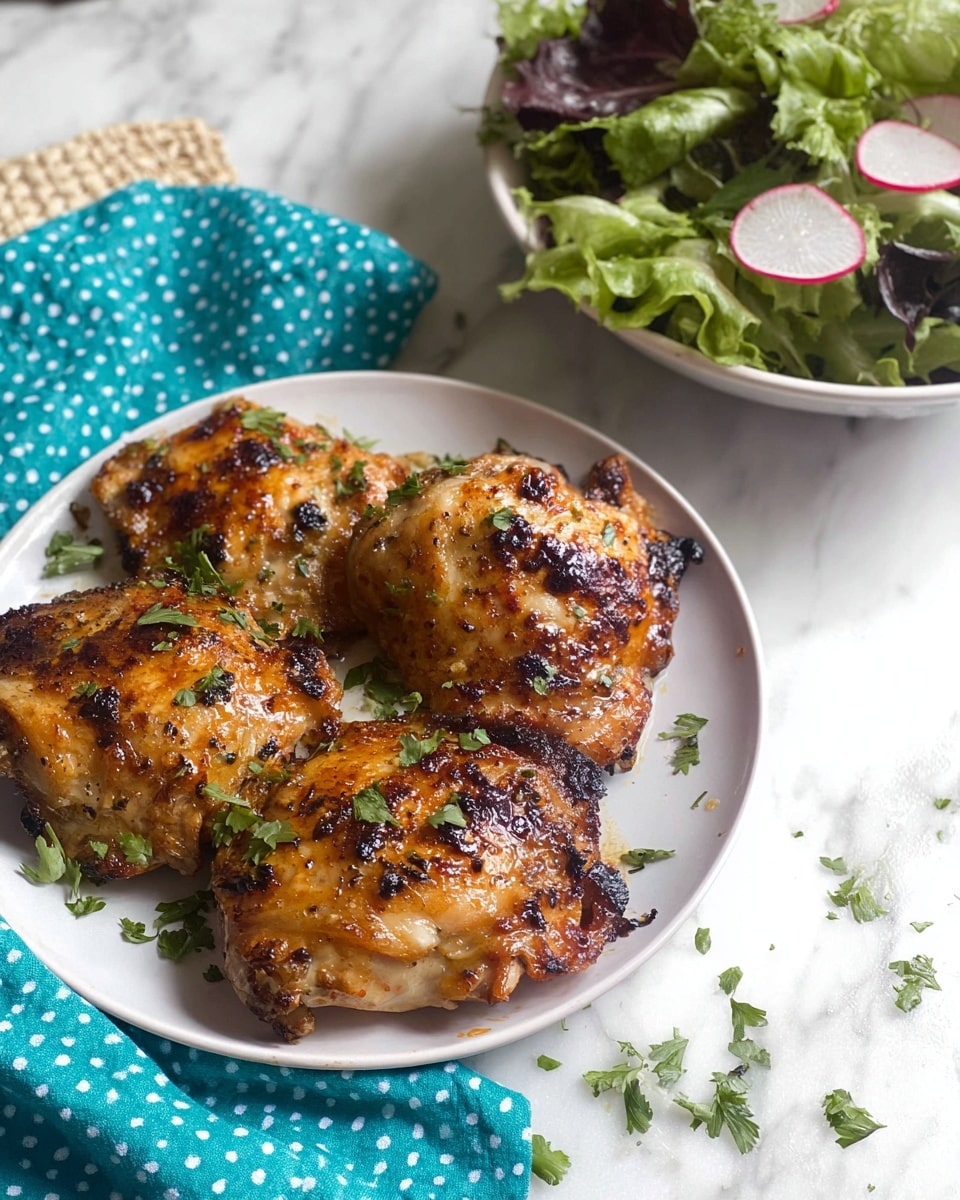 The dish shows four pieces of grilled chicken thighs with a golden-brown, slightly charred crust on top, giving a textured look with crispy edges. The chicken pieces are placed close together in the center of a clean white plate, sprinkled with small chopped green herbs, adding fresh color contrast. In the top right corner, part of a white bowl is visible, filled with mixed green salad leaves and slices of radish, showing light green, dark green, and bright pink colors with a fresh, leafy texture. The plate and bowl rest on a white marbled surface with some scattered herbs around the plate’s edge. A teal cloth with white polka dots is draped to the left side under part of the plate. Photo taken with an iphone --ar 4:5 --v 7