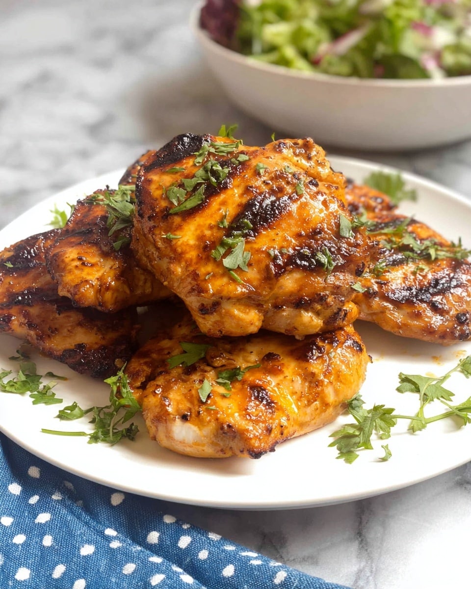 A white plate holds a stack of six grilled chicken pieces, arranged in two layers. The bottom layer has three golden-brown grilled chicken pieces with some charred spots and a shiny, slightly oily surface. The top layer has three more chicken pieces, showing a similar golden orange color with grill marks and a slight glaze. Fresh chopped green herbs are scattered on and around the chicken for decoration. The plate sits on a white marbled surface, with a folded blue cloth with white dots near it. In the background, a white bowl with mixed green salad is slightly blurred. Photo taken with an iphone --ar 4:5 --v 7