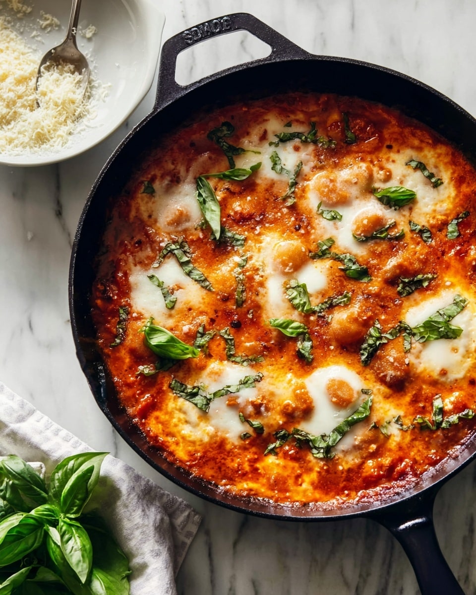 A black cast iron skillet filled with a rich tomato sauce base layered with melted white cheese that has browned slightly in spots, and fresh green basil leaves scattered on top. The sauce is vibrant orange-red and thick, with the cheese creating a lumpy, creamy texture across the surface. The skillet is placed on a white marbled countertop with some fresh basil and grated cheese in a white bowl nearby. photo taken with an iphone --ar 4:5 --v 7