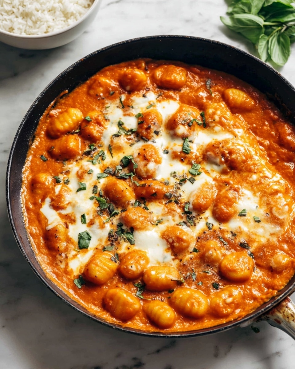 The image shows a dark skillet filled with gnocchi covered in a rich, bright orange tomato sauce. The gnocchi are soft and round, coated well with the sauce which has a creamy texture. Patches of melted white cheese are scattered on top, blending slightly into the sauce with a stretchiness and light browning at the edges. Small pieces of fresh green herbs are sprinkled over everything, adding color contrast. The skillet sits on a white marbled surface, and in the background, there is a white bowl with some white rice and a few fresh green leaves placed on the surface. Photo taken with an iphone --ar 4:5 --v 7