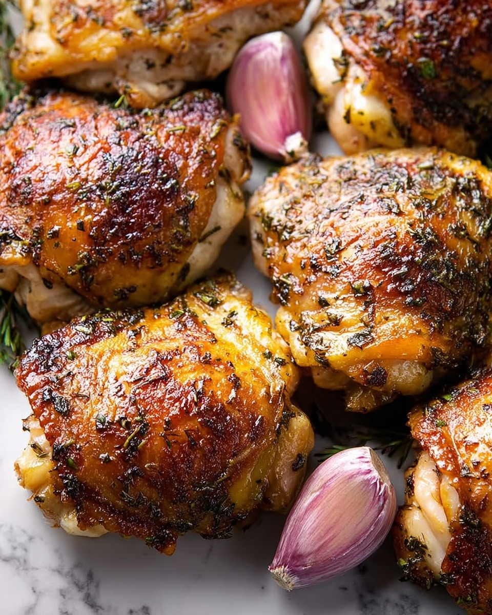 The image shows several pieces of roasted chicken thighs with a golden brown, crispy skin sprinkled with herbs, lying close together on a white marbled surface. Around the chicken are a few whole garlic cloves with a purple-pink skin. The chicken skin looks textured with a mix of crispy and slightly charred spots, giving a roasted and seasoned feel. Each piece has layers of tender white meat beneath the browned skin. Photo taken with an iphone --ar 4:5 --v 7