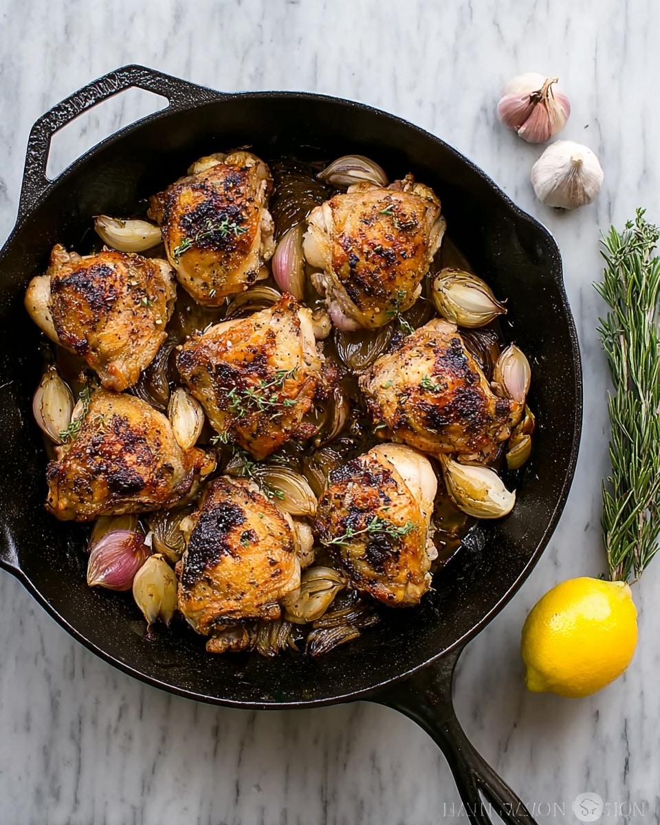 A black cast iron pan sits on a white marbled surface filled with six browned chicken pieces arranged in a circular pattern. Around the chicken are a few halved shallots and small whole garlic cloves, all slightly roasted. The chicken skin is crispy with visible golden brown and darker charred spots. To the right of the pan, a lemon and a small sprig of rosemary rest on the white marbled surface. The photo taken with an iphone --ar 4:5 --v 7