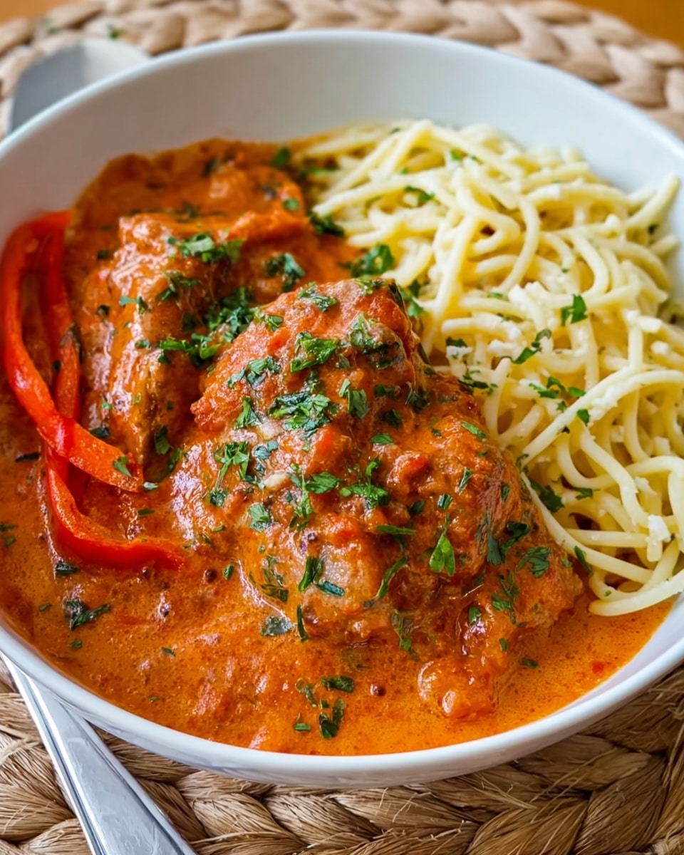 A white bowl filled with two main parts: on one side, pale yellow pasta with a smooth texture, and on the other side, two pieces of meat covered in thick, bright orange-red sauce with visible small bits, garnished with chopped green herbs sprinkled on top. There are also several thin red pepper slices partially submerged in the sauce around the meat. The bowl sits on a natural woven mat surface with a silver spoon next to it. Photo taken with an iphone --ar 4:5 --v 7