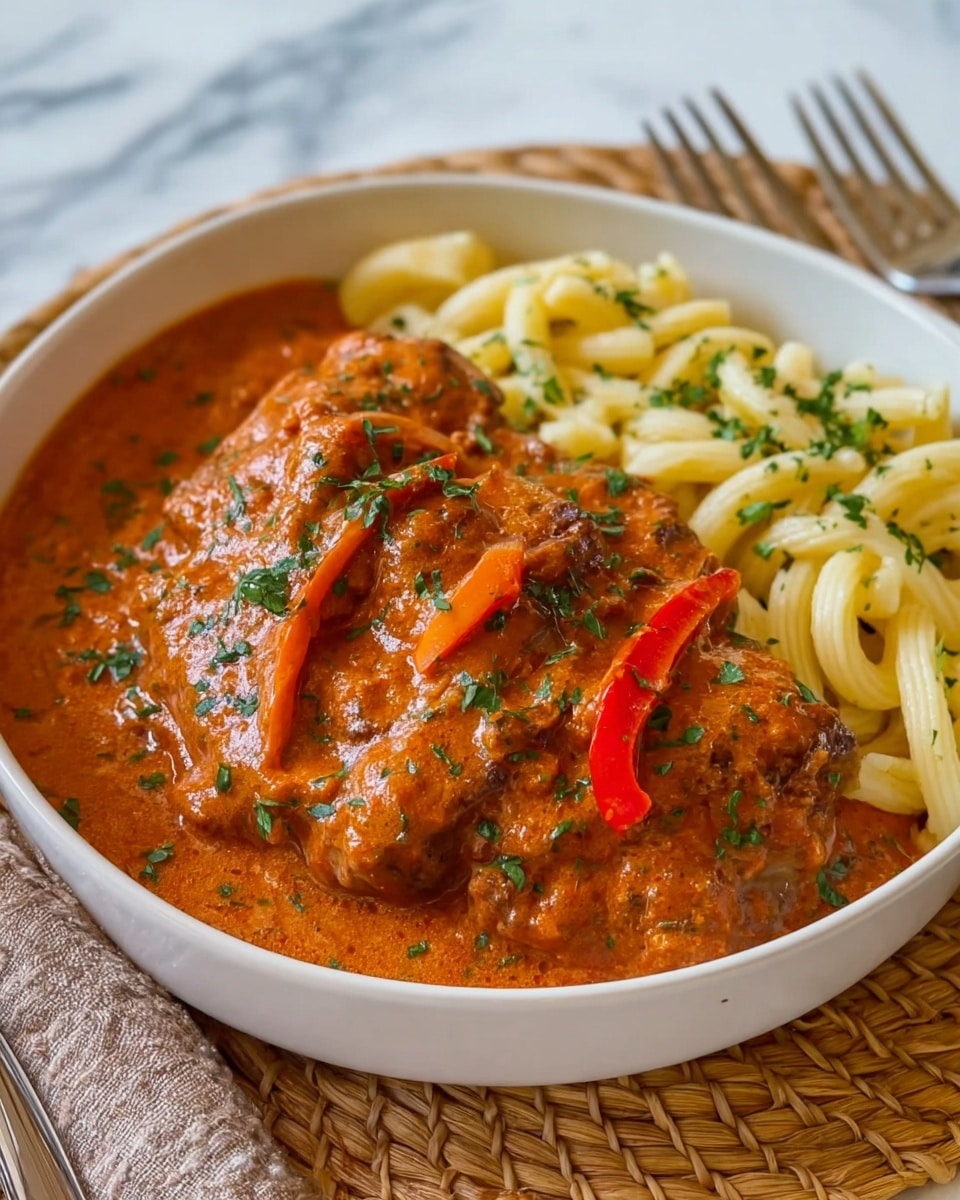 A white bowl filled with two thick slices of meat covered in a rich, creamy orange-red sauce with a slightly chunky texture, garnished with finely chopped green herbs. There are a few thin red pepper strips visible in the sauce around the meat. Next to the meat, there is a portion of pale yellow pasta noodles sprinkled with some green herbs. The bowl is placed on a woven mat with a fork beside it, set on a white marbled surface. Photo taken with an iphone --ar 4:5 --v 7
