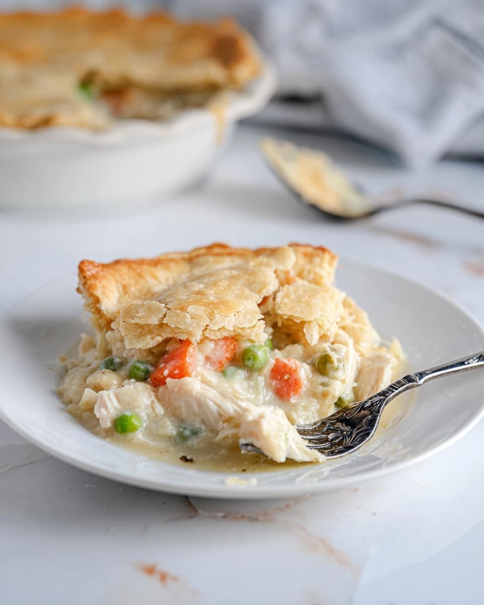 A round chicken pot pie with a golden, flaky crust sits in a clear glass pie dish on a round woven brown mat, with a slice missing from the front revealing creamy filling inside with chunks of chicken, orange carrots, and green peas. Next to it, a white plate holds a slice of the pie showing flaky crust layers on top and creamy filling with peas and carrots underneath, with a silver fork resting beside the slice. A silver pie server with some filling on it is placed near the pie dish. To the right, a black and white striped cloth is casually folded on a white marbled surface. photo taken with an iphone --ar 4:5 --v 7