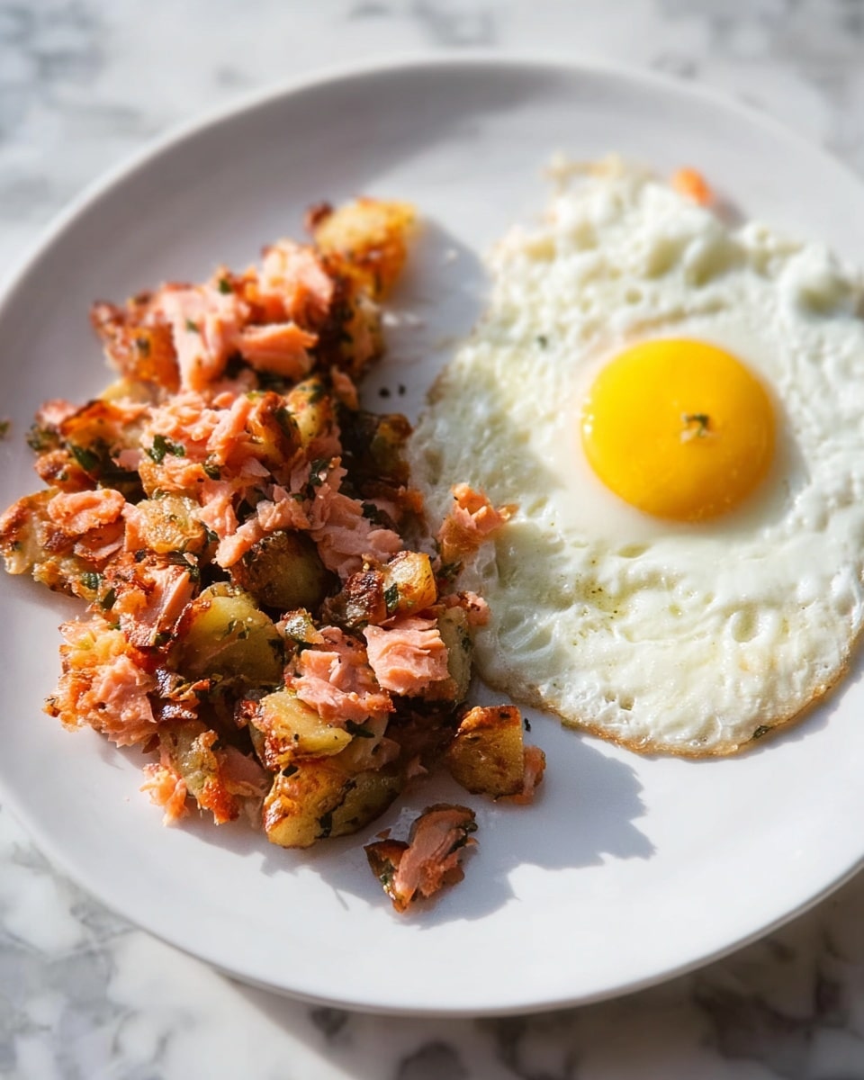 The image shows a white plate with two main parts: on the left side, there is a pile of mixed cooked food made of small, crispy pieces of golden-brown potatoes, pinkish chunks of cooked salmon, and small green bits of herbs or vegetables. On the right side of the plate, there is a sunny-side-up egg with a bright yellow yolk and white edges. The plate is placed on a surface with white marbled texture. photo taken with an iphone --ar 4:5 --v 7