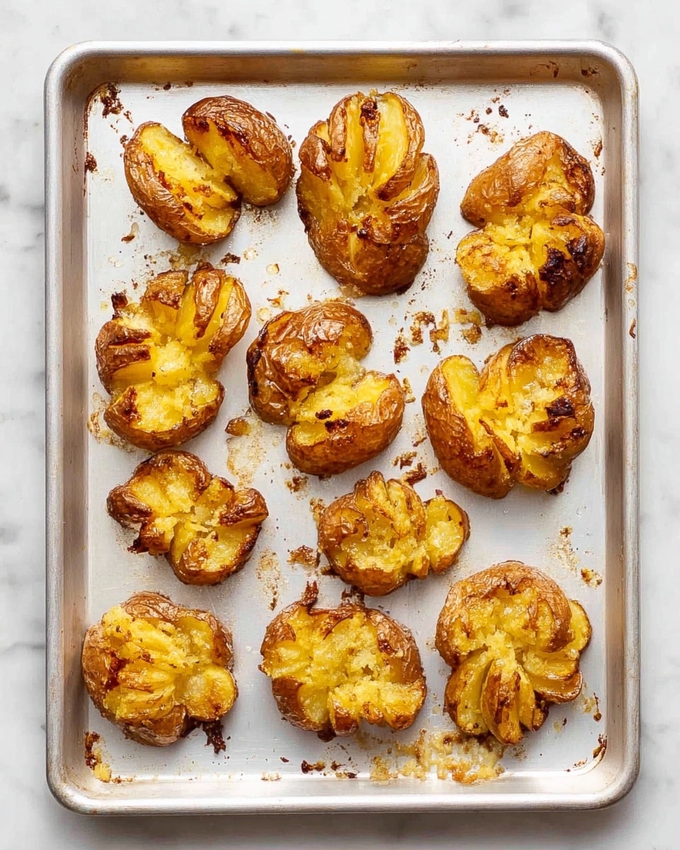 The image shows a white baking tray on a white marbled surface, with eleven small golden brown roasted potato pieces spread out across the tray. Each potato piece has a crinkled texture with some parts darker and crispier, and others lighter with a soft yellow color. The tray has light stains and small crispy bits around the potatoes, showing they are cooked well. The lighting highlights the shiny, slightly oily surface of the potatoes and the warm golden hues. photo taken with an iphone --ar 4:5 --v 7