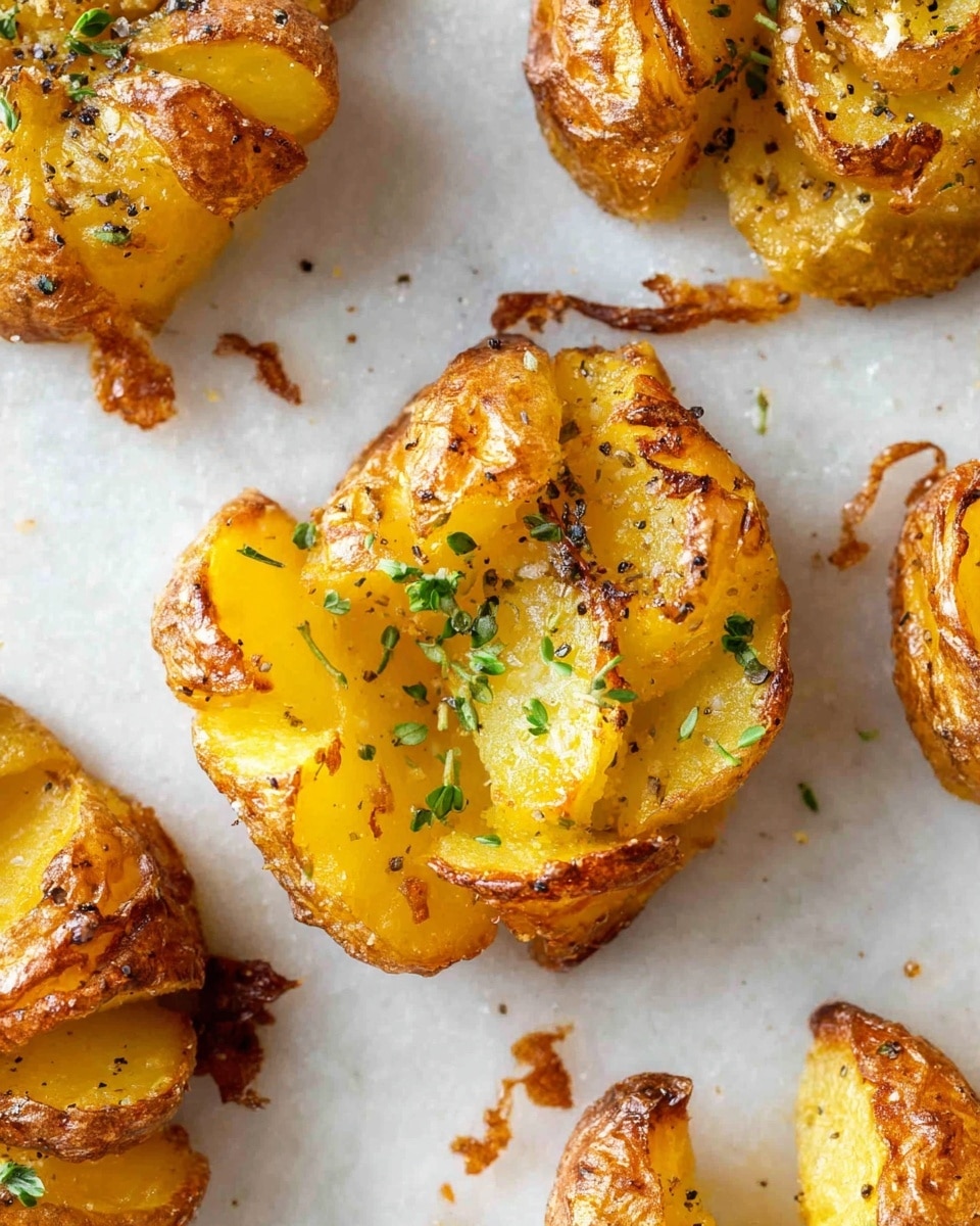 The image shows several smashed roasted potatoes on a white marbled surface, each potato having a crispy golden-brown outer skin with a rough, uneven texture and soft, bright yellow inside. The potatoes are sprinkled with small green herbs and cracked black pepper, adding specks of green and black on the yellow and brown tones. The edges of the potatoes are slightly curled and crunchy, giving a rustic and fluffy look to each piece, with some browned bits scattered around them. photo taken with an iphone --ar 4:5 --v 7