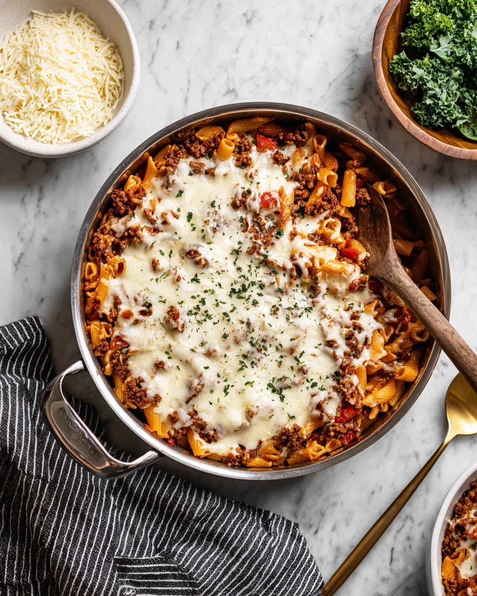 A pan filled with baked pasta showing three layers: the bottom layer is orange-red cooked pasta mixed with dark brown ground meat and small red tomato pieces, the middle layer is melted white cheese spread unevenly, and the top layer is sprinkled with dried green herbs. The pan sits on a white marbled surface with some white grated cheese in a small white bowl above and a wooden bowl with green leafy vegetables to the right. A gold spoon lies to the side, and a black and white striped cloth is partly under the pan. photo taken with an iphone --ar 4:5 --v 7