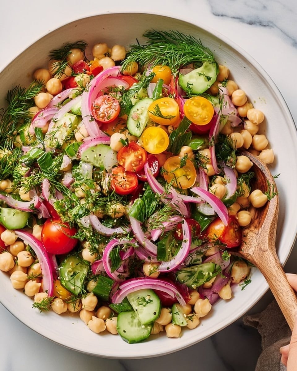 A bright salad in a white bowl with many layers of colorful ingredients. The bottom layer is light beige chickpeas scattered around. On top of that, there are small rounded pieces of red and yellow cherry tomatoes. Mixes of green cucumber pieces are spread all over, with thin slices of purple-red onion curling gently through the salad. Fresh green leafy herbs like parsley and dill are scattered everywhere, adding texture and a pop of green color. A woman's hand is holding a wooden spoon, lightly mixing the salad, catching some of the ingredients. The background is a white marbled surface. photo taken with an iphone --ar 4:5 --v 7