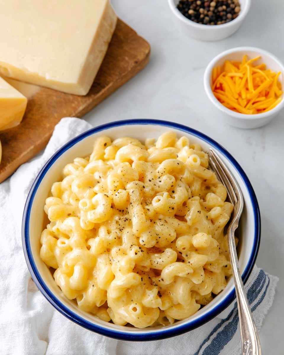 A white bowl with a thin blue rim holds creamy macaroni and cheese, showing two layers: the first layer is soft, yellow-orange macaroni pasta, and the second layer is thick, smooth cheese sauce coating each pasta piece with small black pepper specks on top. A fork is lifting some macaroni from the bowl. In the background are a wooden board with a pale block of cheese and a white bowl with black peppercorns, all placed on a white marbled surface. Photo taken with an iphone --ar 4:5 --v 7