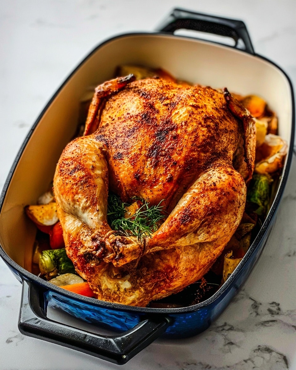 A whole roasted chicken with golden brown crispy skin sits in a deep white roasting pan with black handles. Inside the chicken cavity, there are visible layers of fresh herbs and vegetables in green, orange, and white colors adding texture and detail. The pan rests on a white marbled surface. The bird looks juicy and seasoned with a light sprinkle of spices creating a natural, appetizing look. Photo taken with an iphone --ar 4:5 --v 7