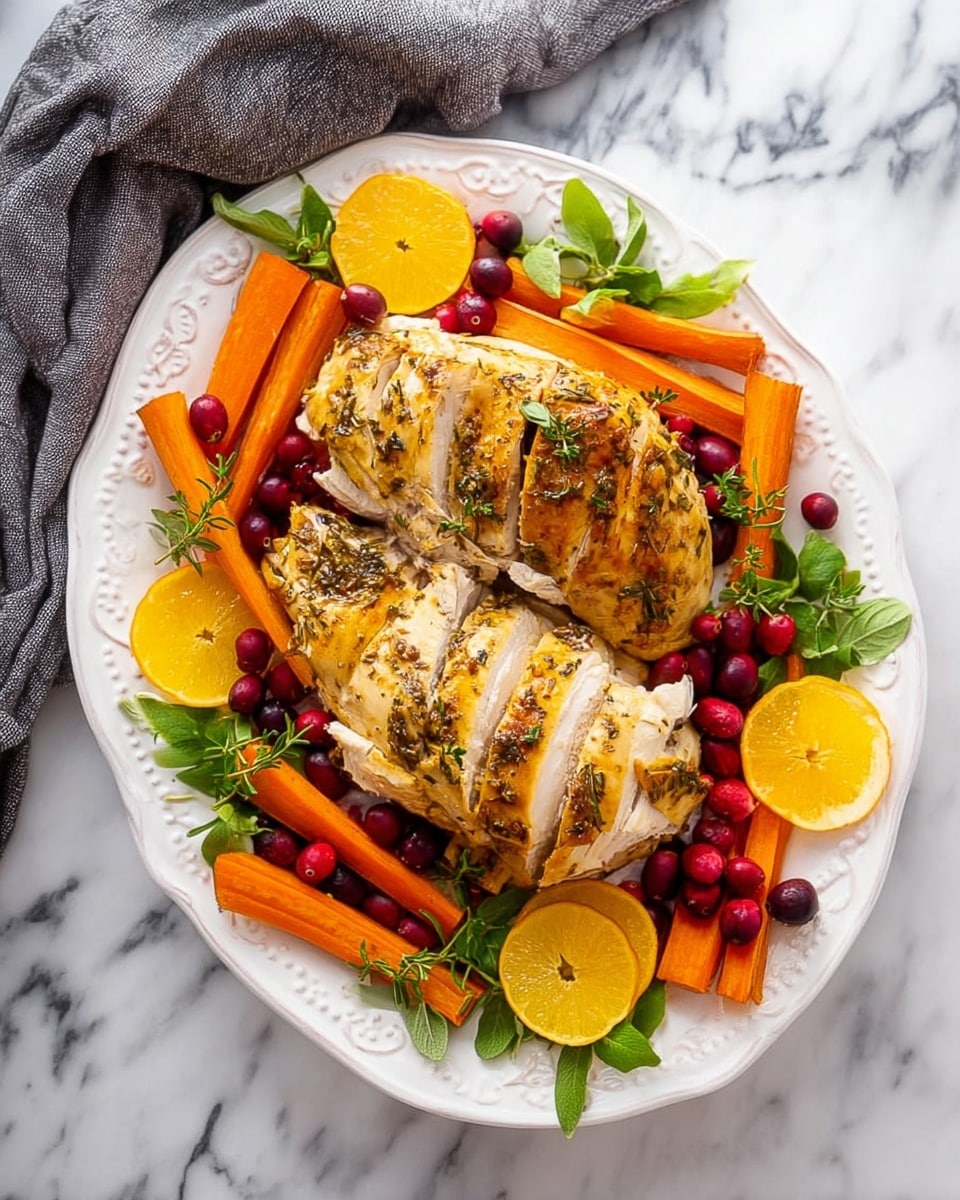A large white plate sits on a white marbled surface with a striped cloth nearby. The plate holds several pieces of roasted turkey with browned, crispy skin, including two drumsticks, two thick slices of dark meat, and several cuts of lighter sliced meat. Around the turkey are chunky, bright orange carrot pieces and vibrant green celery sticks. Sprigs of fresh rosemary and thyme add a touch of green herb detail, placed between the meat and vegetables. The food looks warm and well-cooked, arranged neatly but with a natural, home-cooked feel. Photo taken with an iphone --ar 4:5 --v 7
