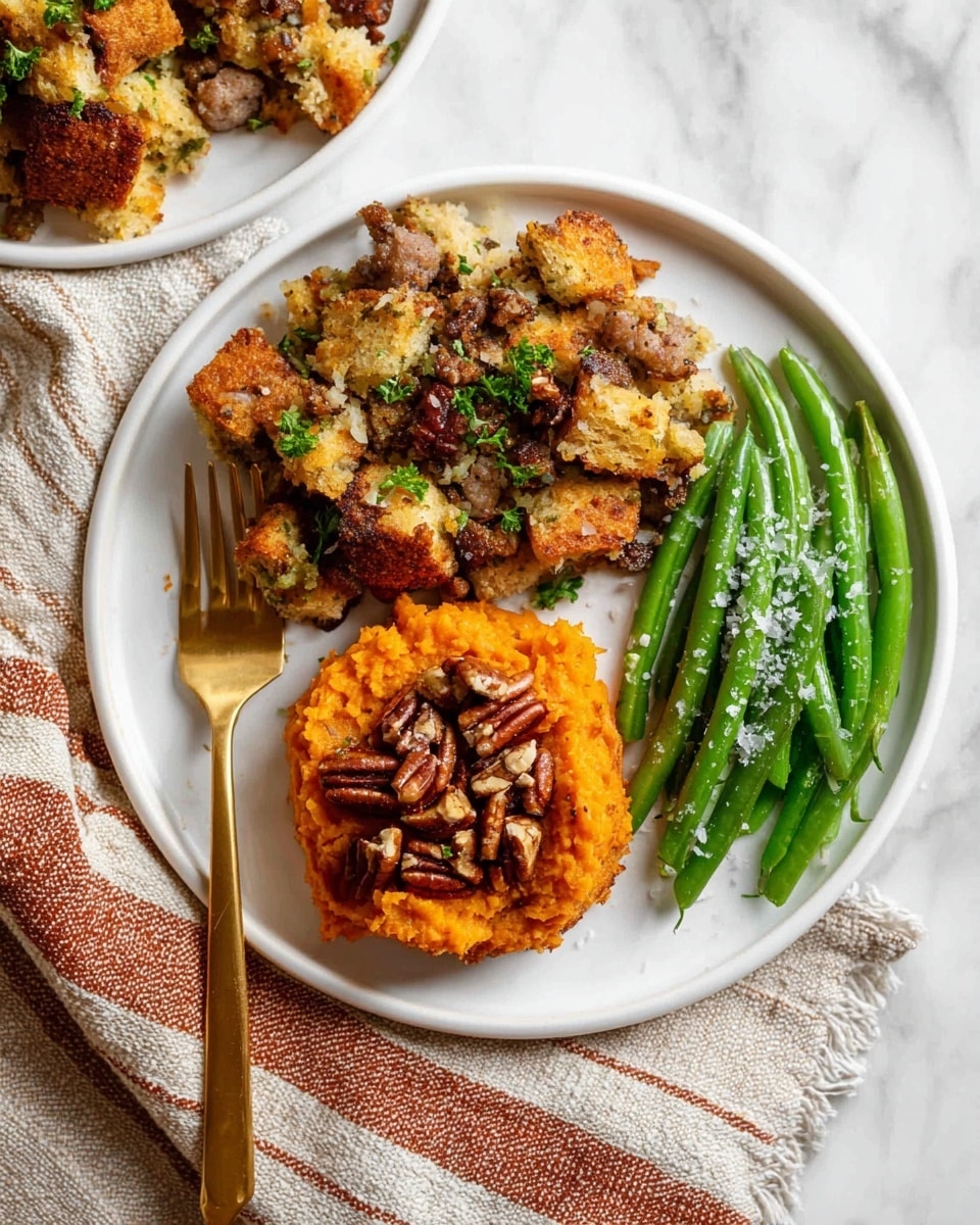 A white plate holds a serving of three foods arranged neatly: at the top left is a layered stuffing mix with golden brown crispy bread cubes, bits of cooked sausage, celery, and parsley scattered on top; to the bottom left, there is a round scoop of orange sweet potato mash topped with a darker brown pecan crumble and whole pecans; on the right side of the plate, there is a small pile of bright green steamed green beans sprinkled with coarse salt. A gold fork rests on the left side of the plate. The plate sits on a white marbled surface with a beige and rust-striped cloth nearby. photo taken with an iphone --ar 4:5 --v 7