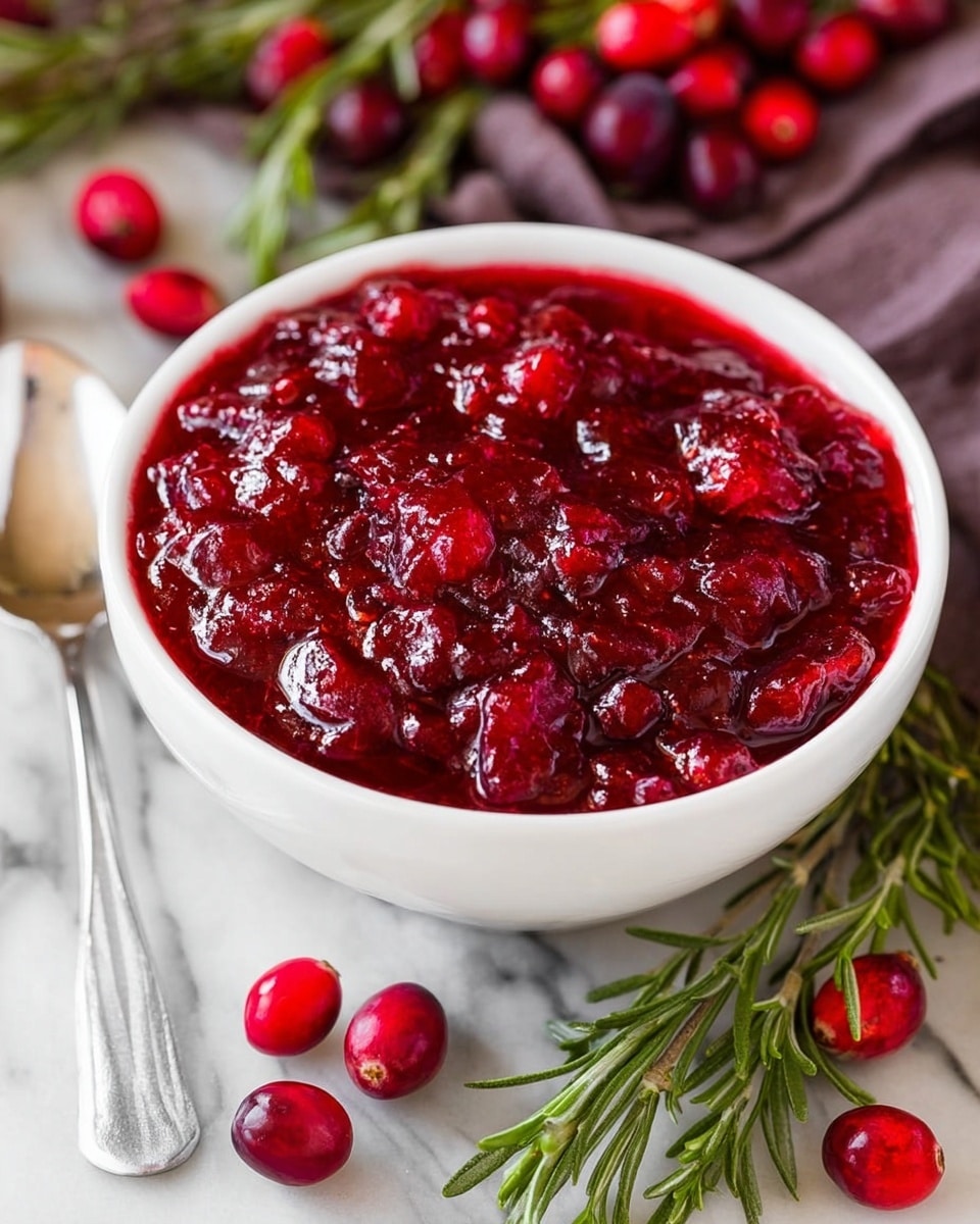A white bowl is filled with thick, chunky cranberry sauce, showing a mix of deep red and bright red pieces with a glossy texture. The sauce looks rich and dense with visible small fruit bits throughout. The bowl sits on a white marbled surface, with fresh red cranberries and green rosemary sprigs placed around it. A shiny silver spoon is on the left side near the bowl. The background keeps a soft focus on the cranberries and rosemary. Photo taken with an iphone --ar 4:5 --v 7