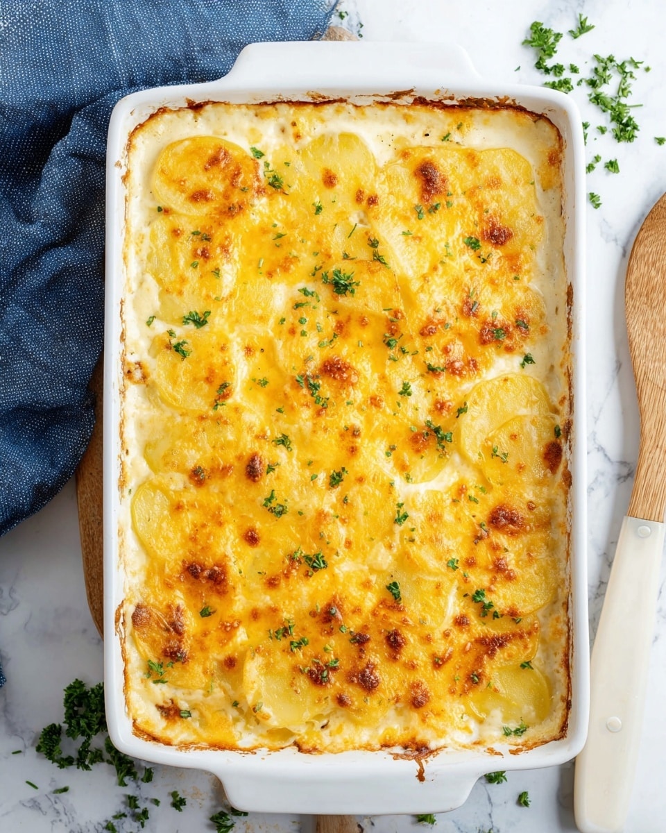 The image shows a white rectangular baking dish filled with a creamy potato casserole. The top layer is golden yellow melted cheese with some browned spots, and small green parsley flakes are sprinkled over it. Beneath the cheese, thin potato slices are visible in a rich, creamy sauce. The dish rests on a white marbled surface, with a blue cloth to the left and a wooden spoon with a white handle on the right. Some chopped parsley is scattered around the dish. Photo taken with an iphone --ar 4:5 --v 7