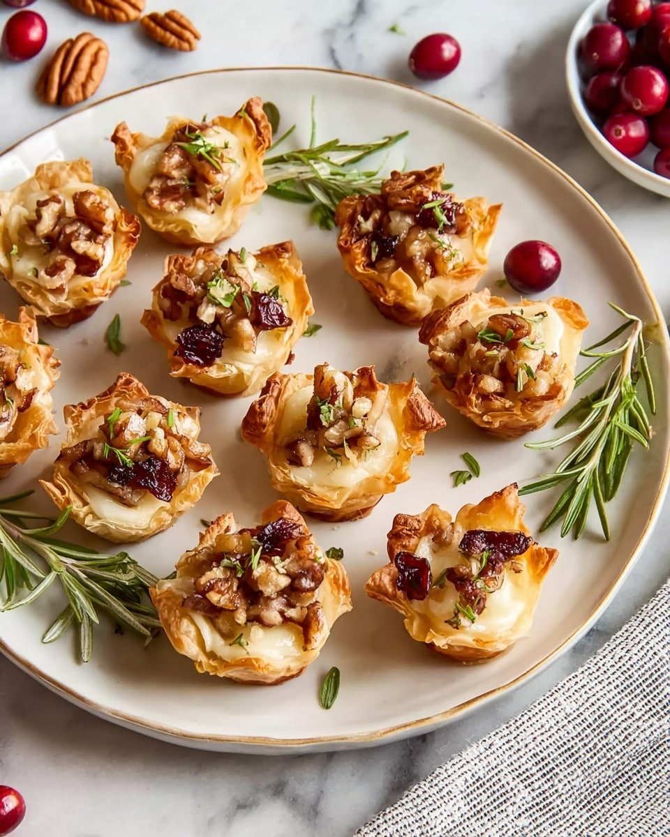 There are fifteen small pastry cups on a large white plate with a thin gold rim. Each cup has three layers: a golden, crispy pastry shell forming the base and sides, a middle layer of melted white cheese that looks creamy and soft, and a topping of chopped brown nuts mixed with small bits of dark red cranberry. Some cups are garnished with fresh green rosemary sprigs. Around the plate, on a white marbled surface, there are scattered whole pecans and bright red cranberries, with a striped kitchen towel visible at the top right corner. Photo taken with an iphone --ar 4:5 --v 7