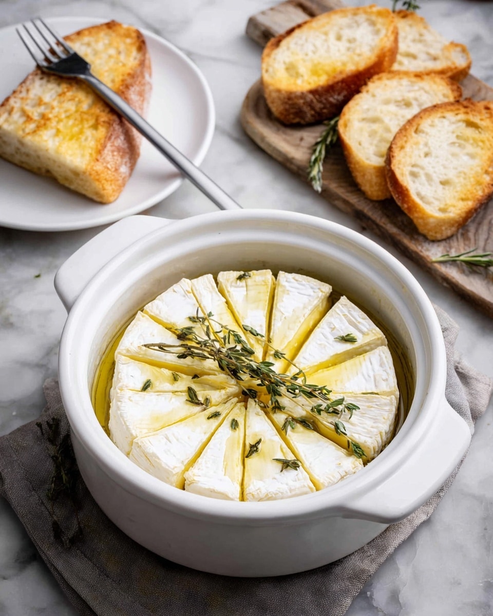 A round white pot holds a soft white cheese cut into triangular wedges arranged in a circle. The cheese is covered in golden olive oil, with a few thin slices of garlic spread on top, and fresh thyme sprigs rest on the cheese. A woman's hand is dipping a light brown toasted bread slice into the cheese and oil mixture. The pot is placed on a white marbled surface. photo taken with an iphone --ar 4:5 --v 7