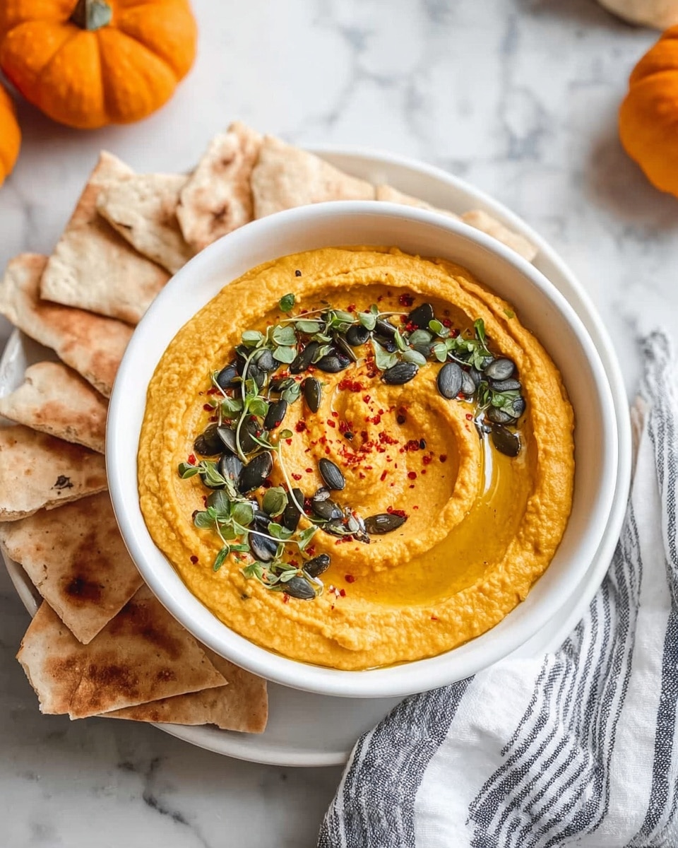 A close-up image of a bowl filled with thick orange spread, topped with green pumpkin seeds scattered unevenly on the surface. The spread has a slightly rough texture and is swirled in the bowl, showing depth with some peaks and valleys. A woman's hand is dipping a square, thin, beige cracker into the spread, lifting a portion covered in the orange mixture and some pumpkin seeds. The bowl is white with a speckled pattern and sits on a dark wooden board, all placed on a white marbled surface. Photo taken with an iphone --ar 4:5 --v 7