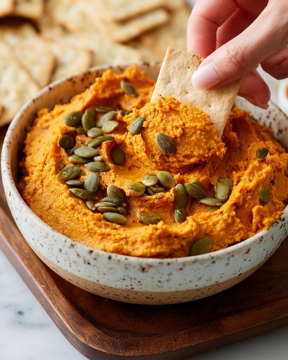A white bowl filled with a thick, smooth orange spread with a small well of oil in the center, sprinkled with green pumpkin seeds, tiny green sprouts, black seeds, and red spices along the top edge in a crescent shape; the bowl sits on a white circular stand placed on a white marbled surface next to a stack of flatbreads on the left, an orange pumpkin at the bottom left corner, a striped gray and white cloth on the right side partially under the bowl, and a small white plate with a jar of seeds in the upper background, photo taken with an iphone --ar 4:5 --v 7