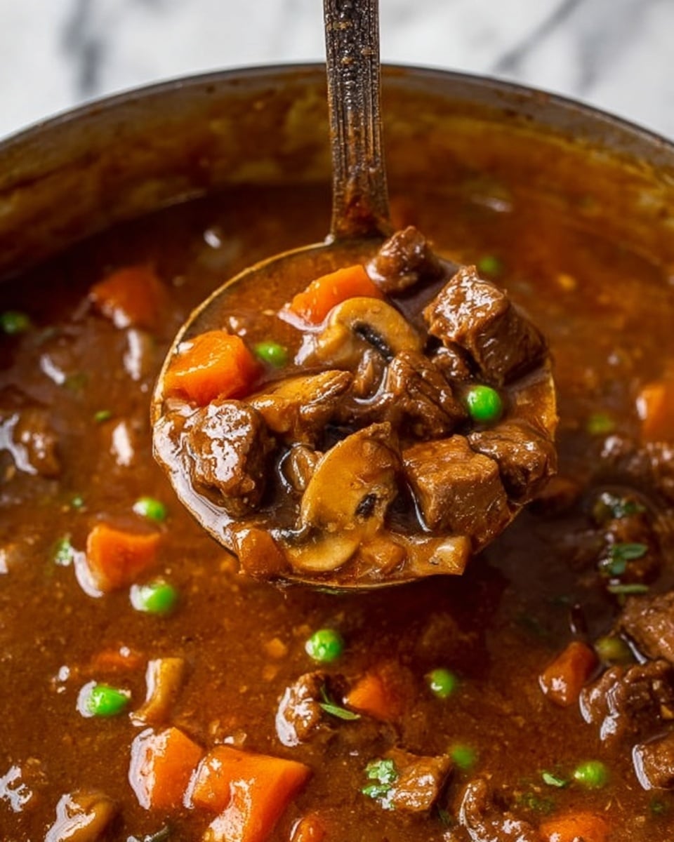 The image shows a close-up of thick brown stew filled with small chunks of cooked meat, bright orange carrot pieces, a few green peas, and tender mushrooms. A metal ladle is lifting a scoop of the stew, showing the shiny sauce coating the meat and vegetables. The background has a white marbled texture, and the stew fills the whole frame, looking warm and hearty. Photo taken with an iphone --ar 4:5 --v 7