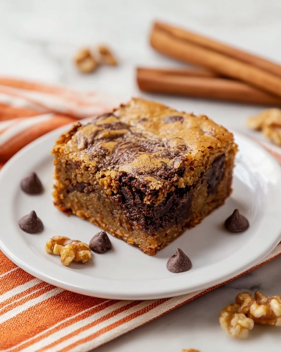 A close-up of a thick square piece of dessert with two main layers: a top golden-brown crust with a slightly cracked texture and darker swirls, and a bottom layer that is denser and chocolate brown with some light brown patches mixed in. The dessert piece sits on a simple white plate, with a few chocolate chips and uneven walnut pieces scattered nearby. The scene is set on a white marbled surface, giving a clean and bright look. photo taken with an iphone --ar 4:5 --v 7