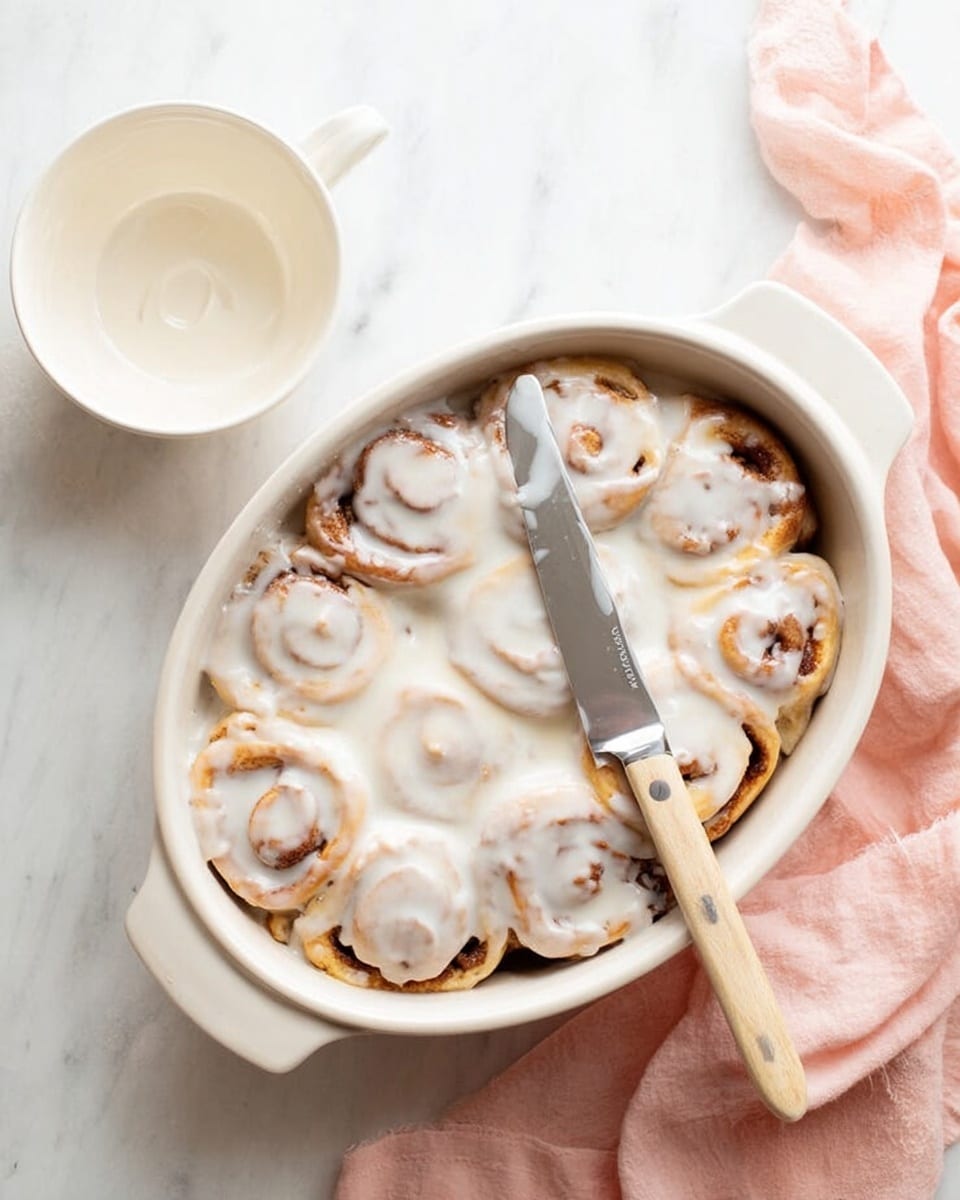 The image shows a white oval baking dish filled with soft cinnamon rolls covered with white icing, the rolls have a golden brown swirl pattern visible beneath the icing layer. On top of the rolls is a spreading knife with a silver blade and a light wood handle resting diagonally across the dish. Next to the baking dish is an empty white bowl with a smooth surface. The background is a white marbled texture and there is a light pink cloth slightly crumpled to the right side of the dish. Photo taken with an iphone --ar 4:5 --v 7