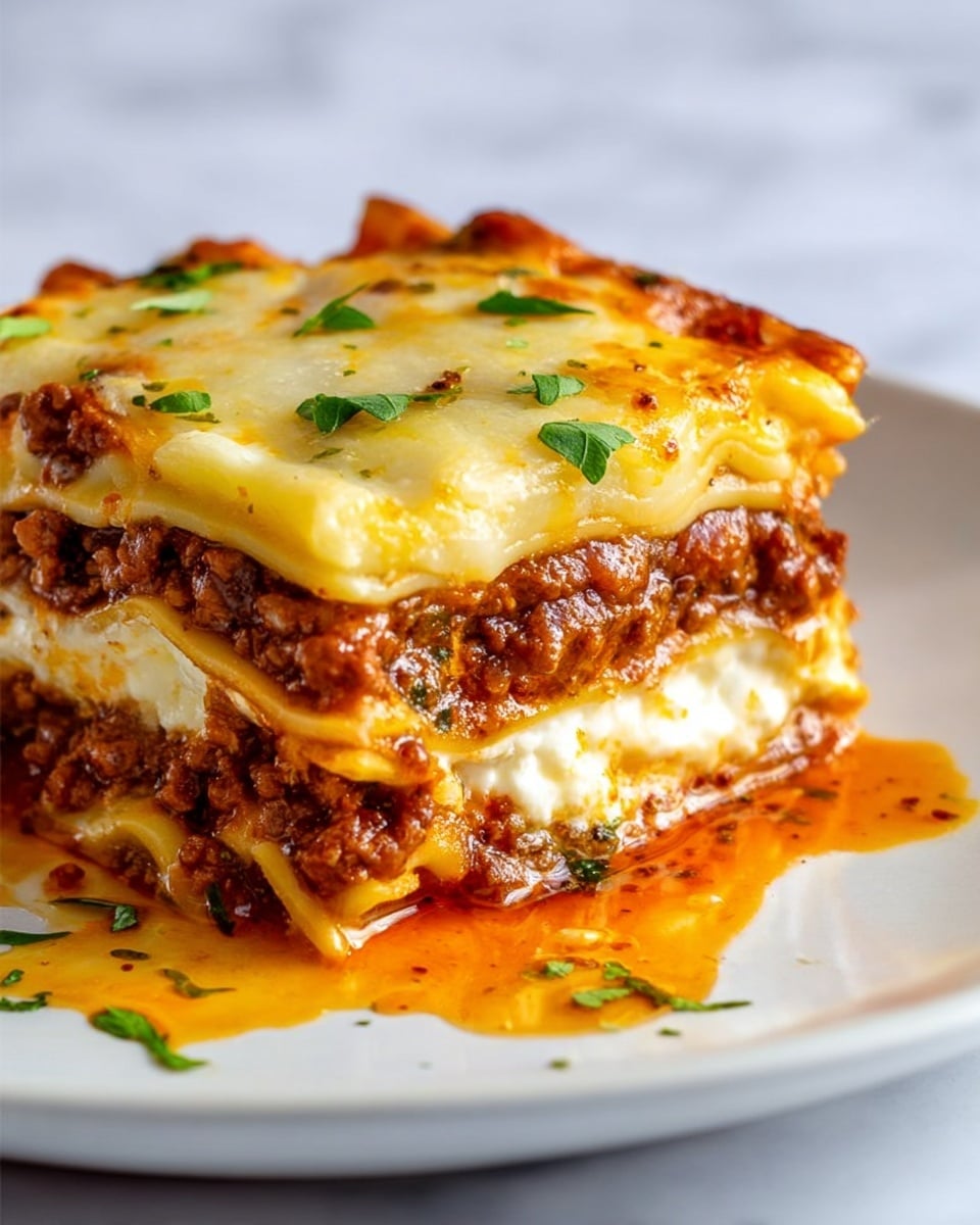 A close-up of a white baking dish with a slice of lasagna being lifted by a woman's hand with red nail polish. The lasagna has six visible layers: the bottom layer is a flat, pale noodle, followed by a thick, rich brown meat sauce with red tomato chunks, then a creamy white cheese layer, another noodle layer, more meat sauce, and melted orange cheese on top. Fresh green basil leaves are sprinkled over the top. Strings of melted cheese stretch from the lasagna slice to the dish. The background is a white marbled texture. Photo taken with an iphone --ar 4:5 --v 7