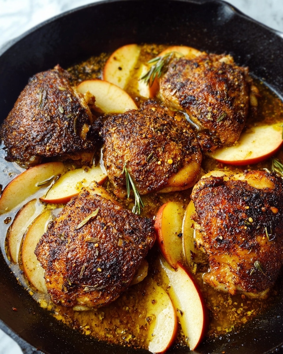 The image shows four pieces of browned chicken thighs with crispy, seasoned skin, placed closely together in a black cast iron pan. Underneath and around the chicken are several thin slices of apple with light yellow and red skin, soaked in a shallow layer of golden brown sauce mixed with herbs and small seeds. The chicken skin looks slightly charred in spots, giving a textured, crispy appearance. The sauce has a glossy finish with visible herbs like rosemary, adding an aromatic touch to the scene. The pan is set on a white marbled surface. Photo taken with an iphone --ar 4:5 --v 7