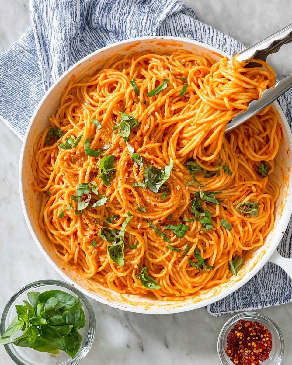 A white pan filled with a large serving of spaghetti coated in a creamy orange-red tomato sauce, garnished with fresh green basil leaves scattered on top. A pair of silver tongs lifts a portion of the spaghetti from the pan, showing long strands covered well in the sauce. Two small clear glass bowls sit near the pan; one contains bright green basil leaves and the other has red chili flakes. The scene is set on a white marbled surface with a blue and white striped cloth partially visible underneath the pan. photo taken with an iphone --ar 4:5 --v 7