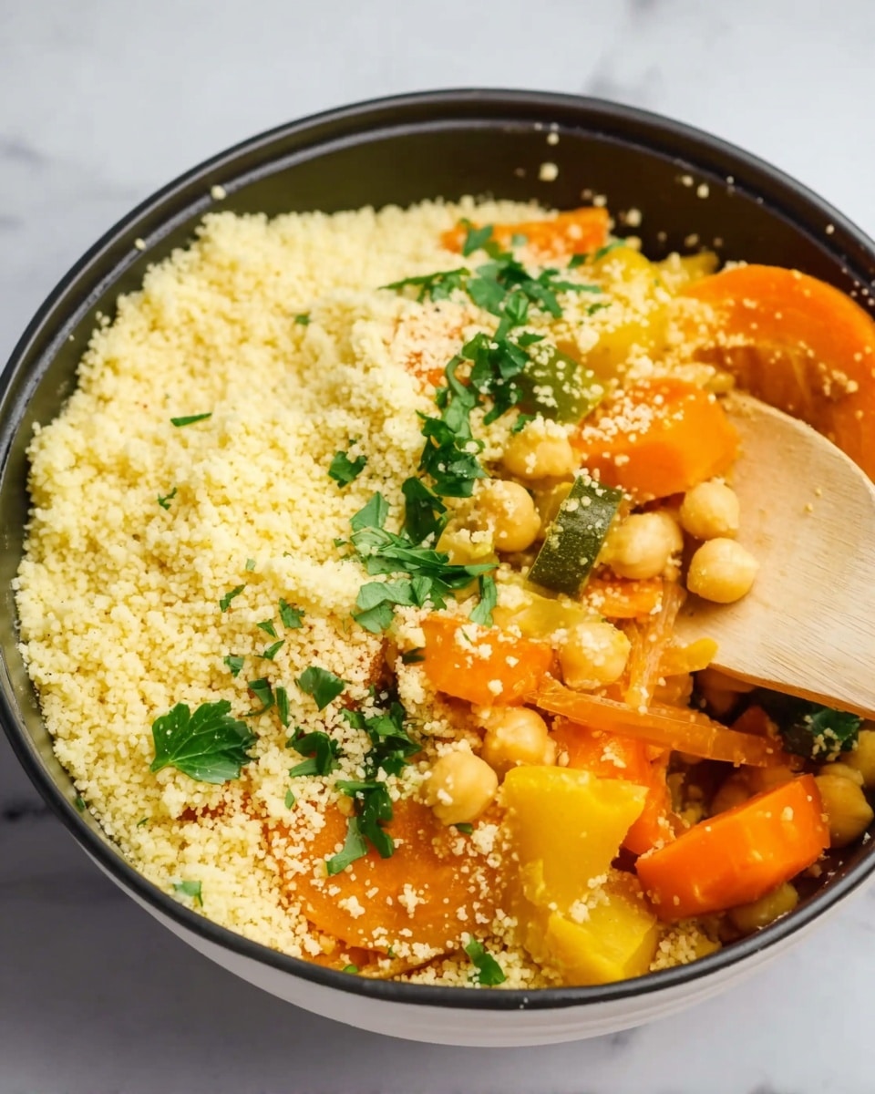 The image shows a white bowl filled with three main layers: at the back, there is a fluffy light yellow layer of couscous; in the front, bright orange carrot pieces and chunks of yellow vegetables mixed with light beige chickpeas form a colorful middle layer; fresh green parsley leaves are scattered on top, adding a fresh touch. A wooden spoon is partially buried in the couscous on the right side of the bowl. The bowl sits on a white marbled surface. photo taken with an iphone --ar 4:5 --v 7