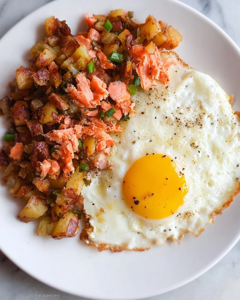 A white plate holds a breakfast dish with two main layers: on the left and upper side is a mix of diced, golden-brown potatoes, small chunks of pink salmon, and bits of green onion, all cooked and slightly crispy; on the right side is a single fried egg with a bright yellow yolk in the center, surrounded by white cooked egg white, with a few black pepper specks on top. The plate sits on a white marbled surface. Photo taken with an iphone --ar 4:5 --v 7