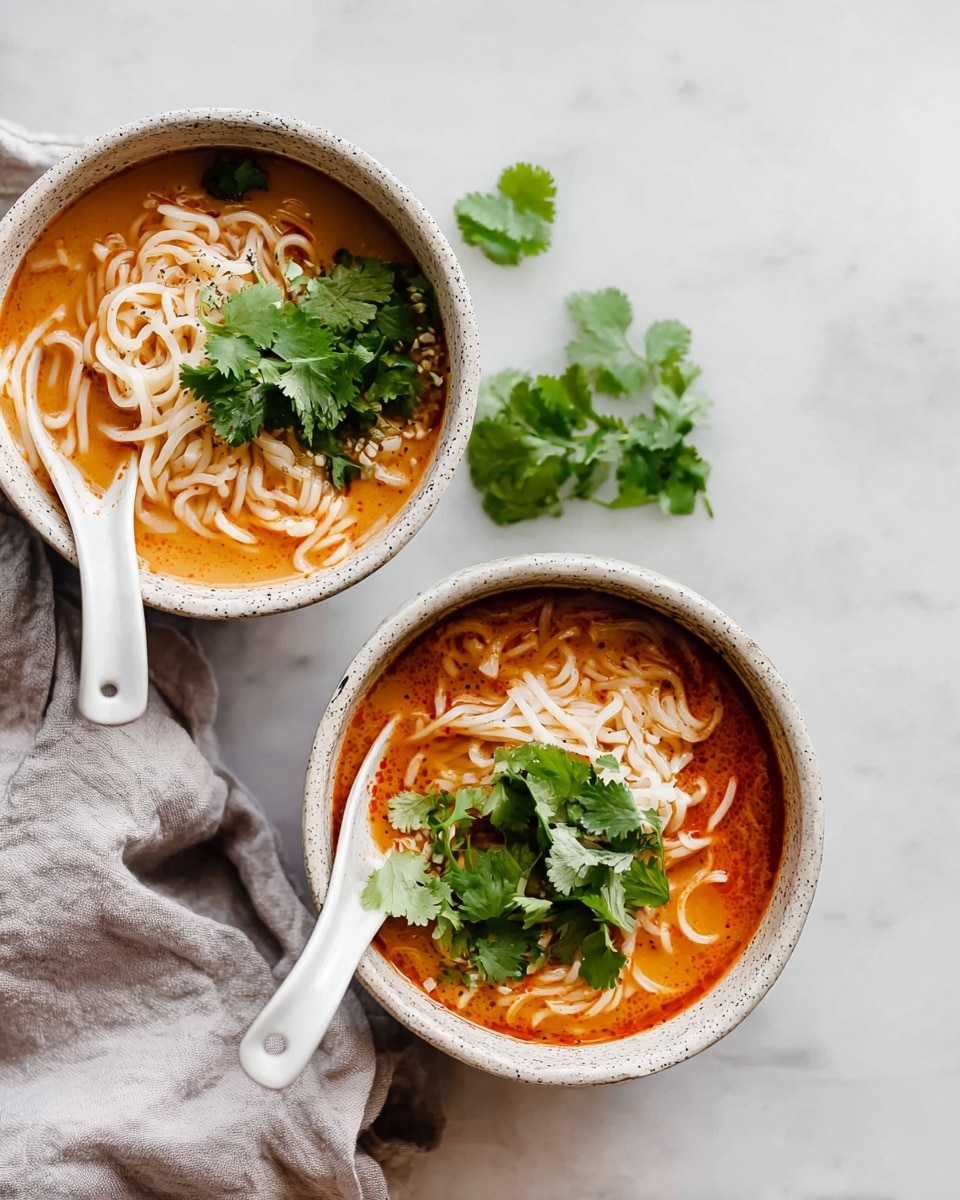 Two white speckled bowls sit on a white marbled surface, each filled with a rich orange soup base. Inside the soup, white thin noodles float in loose piles, with bright green cilantro leaves scattered on top as a fresh garnish. Each bowl also holds a white ceramic spoon resting inside, positioned towards the right of the bowls. Near the top bowl, a few cilantro leaves are placed on the white marbled background, with a light gray cloth partially under the bowls adding a soft texture to the scene. Photo taken with an iphone --ar 4:5 --v 7
