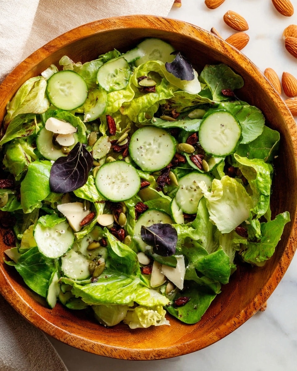 A fresh salad is shown in a white bowl inside a wooden larger bowl, layered with bright green lettuce leaves forming the base. On top, there are thin light green cucumber slices, pieces of pale creamy cheese scattered unevenly, and whole brown almonds sprinkled across. Small green pumpkin seeds and tiny purple leaves add color and texture throughout the salad. The wooden bowl sits on a white marbled surface with some almonds scattered nearby. Photo taken with an iphone --ar 4:5 --v 7