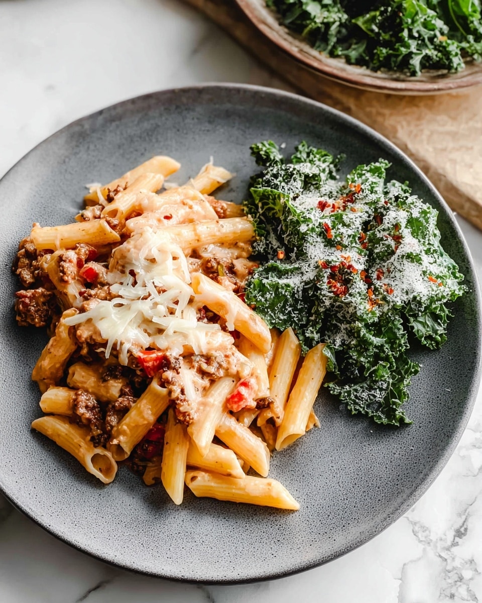 The image shows a grey plate with two main parts: on the left, a pile of cooked penne pasta mixed with small pieces of browned meat and bits of red bell pepper, topped with melted white cheese scattered unevenly; the pasta is light yellow with hints of orange from the sauce and meat, while the meat is a dark brown; on the right, there is a green leafy salad with chopped kale, sprinkled with a white powdery topping that looks like grated cheese and small reddish bits, all placed on a white marbled surface. Photo taken with an iphone --ar 4:5 --v 7