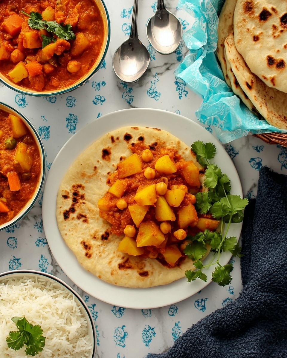 The image shows a white plate with one round flatbread at the bottom, light beige with dark brown spots from cooking. On top of the flatbread is a thick layer of orange-red curry filled with large chunks of yellow potato, chickpeas, and tomato bits. To the right edge of the flatbread is a small bunch of fresh green cilantro leaves. Around the plate are other dishes on a white marbled surface with blue circles: a bowl of white rice garnished with a small cilantro leaf, a bowl of more orange curry with potatoes and chickpeas topped with chopped cilantro, and a basket lined with blue paper holding several pieces of flatbread with the same spotted browned pattern. There are two silver spoons and a dark blue cloth napkin near the top. Photo taken with an iphone --ar 4:5 --v 7