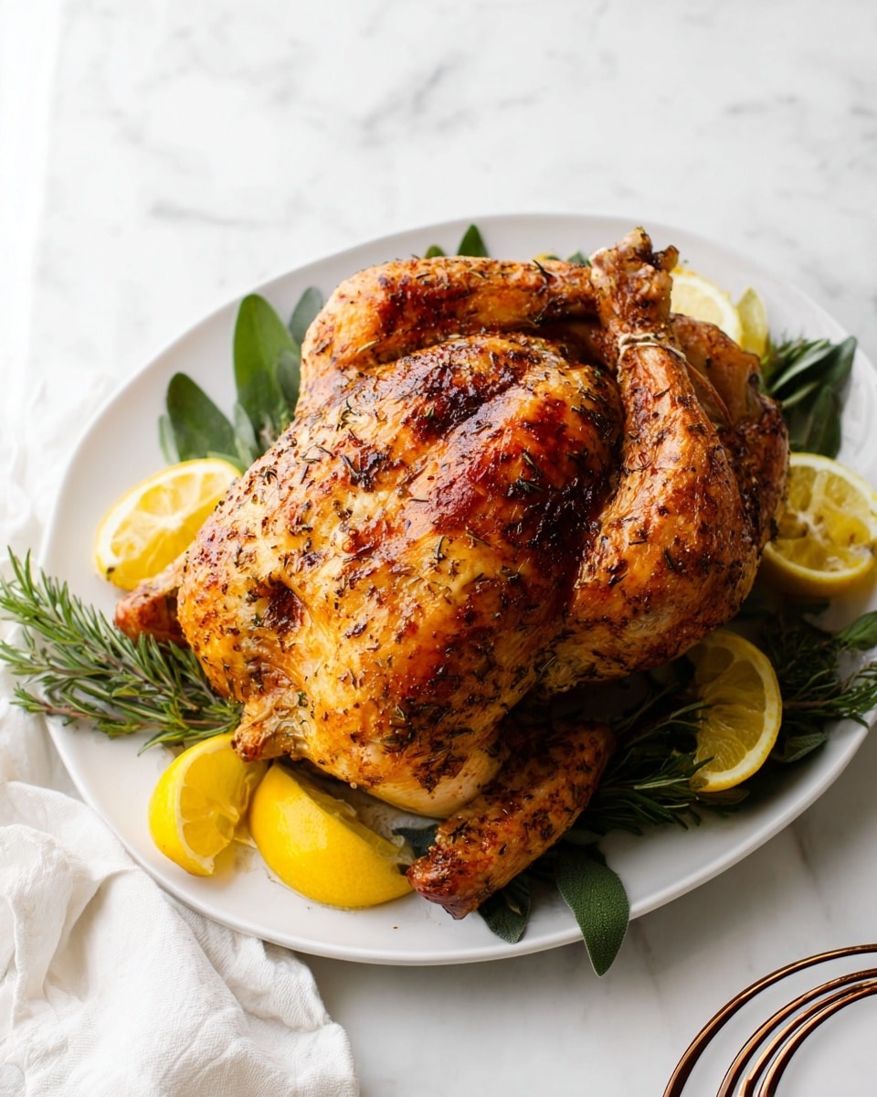 A whole roasted chicken with golden-brown, crispy skin seasoned with herbs, placed in the center of a white plate. The chicken sits on a bed of green rosemary and sage leaves that peek out from under the edges. Around the front side of the chicken, there are several bright yellow lemon wedges adding color contrast. The white plate rests on a white marbled surface, with part of a white cloth visible on the lower left and a white plate with fine brown rings on the lower right. Photo taken with an iphone --ar 4:5 --v 7