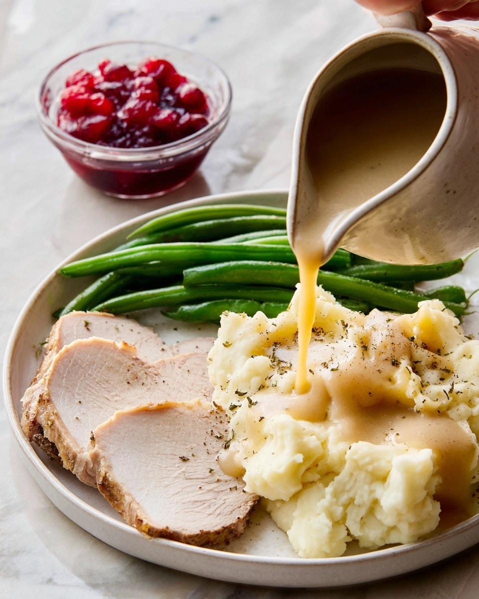 The dish is shown on a white plate with a dark rim, placed on a white marbled surface. On the plate, three main layers form the meal: at the bottom left, there are four evenly sliced pieces of light pink turkey with slightly browned edges arranged in a neat row. Above the turkey slices, there is a mound of creamy white mashed potatoes topped with a smooth, light brown gravy that pools in the center and spreads slightly, garnished with small black pepper flakes and green herb leaves. At the top of the plate, fresh green beans are laid out in a small pile, their vibrant green color contrasting with the white and light browns of the other layers. Nearby, a woman's hand holding a white cream pitcher with gravy drips is partially visible. Photo taken with an iphone --ar 4:5 --v 7