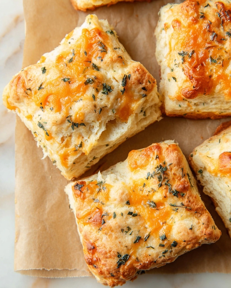 The image shows four square pieces of golden cheese biscuits on light brown parchment paper placed on a white marbled surface. Each biscuit has two visible layers: the bottom is a soft, fluffy, pale crust, and the top is a baked golden layer with melted orange cheese melted through. Green herbs are sprinkled unevenly on top, adding spots of dark green color. The biscuits have a light, slightly rough texture with small cracks on the surface. photo taken with an iphone --ar 4:5 --v 7