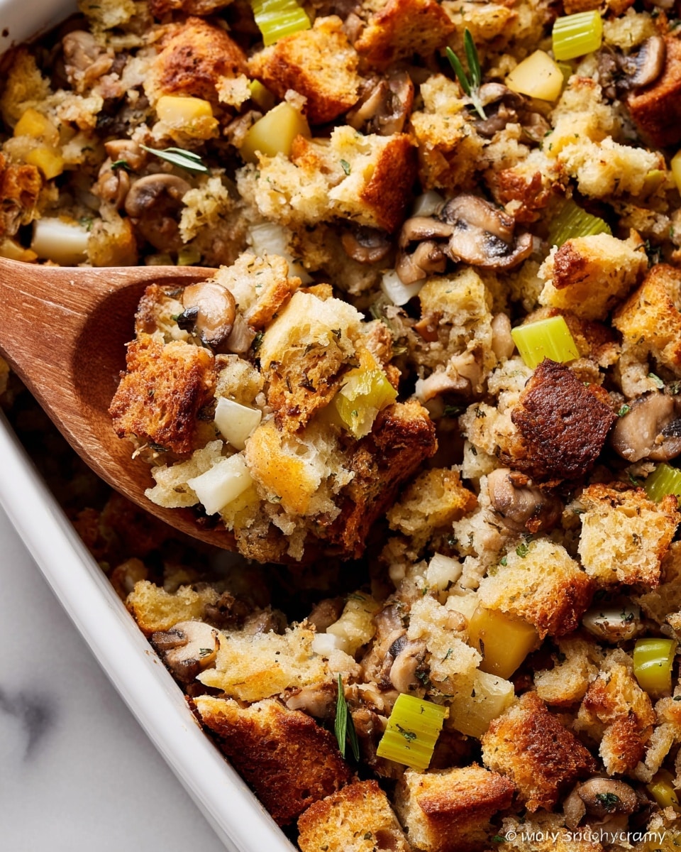This image shows a close-up of a baked stuffing dish with a rich mix of textures and colors. The main layer is rough chunks of toasted bread in light brown and golden colors, mixed with diced celery pieces in pale green and small chunks of soft, light yellow potatoes. Scattered throughout are slices of mushrooms in shades of light and dark brown, with a textured surface. The stuffing looks moist and slightly crisp on top, with a rough, crumbly texture inside. A wooden spoon is partially scooping the stuffing from the side of a white baking dish. The background is a white marbled surface. photo taken with an iphone --ar 4:5 --v 7