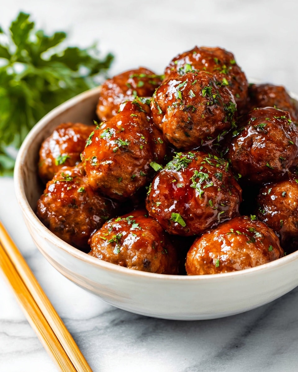 A white bowl filled with about two layers of shiny, brown meatballs covered in a glossy sauce. Each meatball is round and coated with small pieces of green herbs sprinkled on top. The bowl sits on a white marbled surface with some green leafy herbs blurred in the background. Two light wooden chopsticks rest near the bowl. photo taken with an iphone --ar 4:5 --v 7