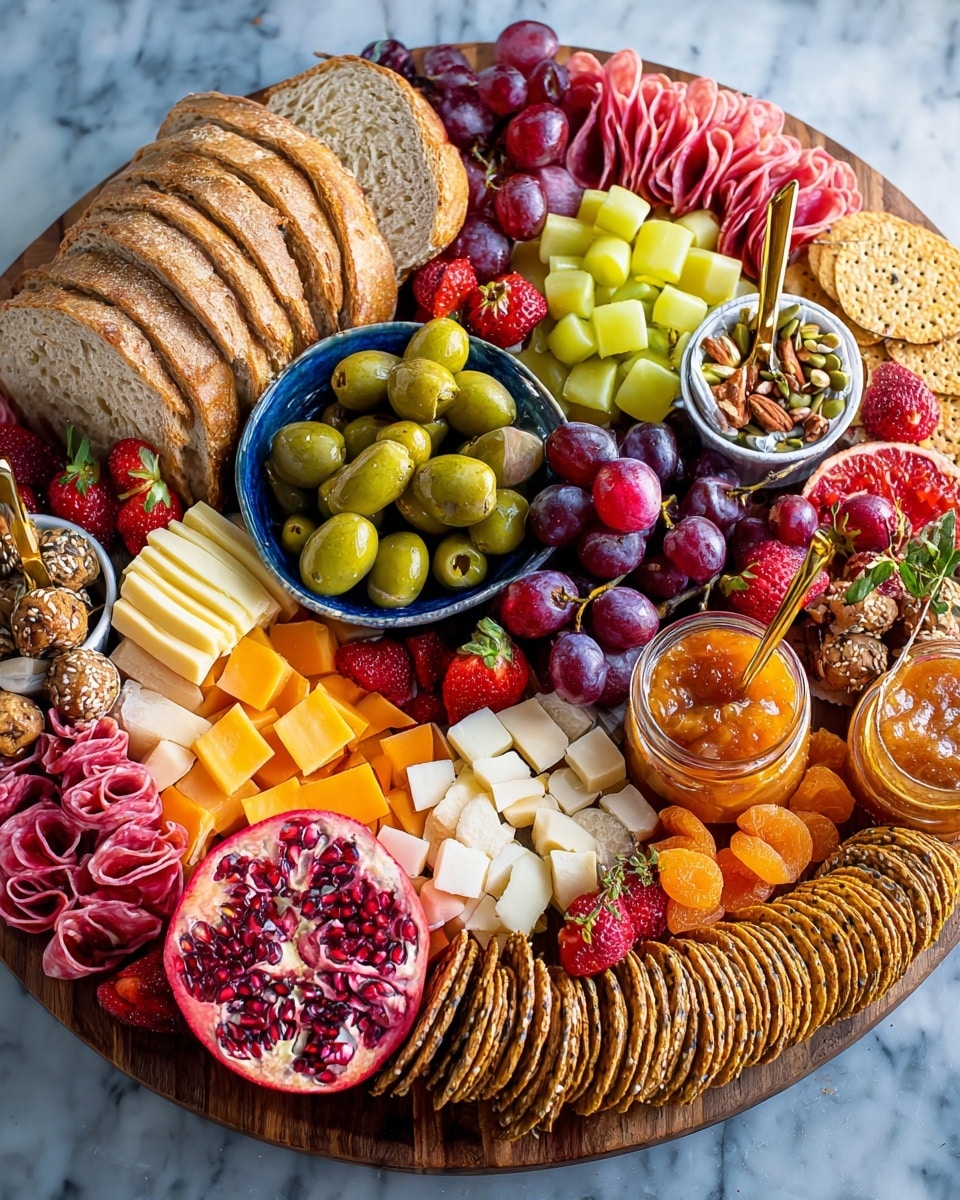 A large round wooden board is filled with many colorful layers of food arranged neatly. At the top, there are slices of light brown bread placed side by side. Below the bread, different types of cheese blocks and slices in yellow, white, and orange colors are spread out in small clusters. On the left and right edges, folded pink cured meat slices are placed in rows. Near the center of the board, a blue bowl holds green olives sprinkled with seasoning. Smaller white bowls with nuts sit near the olives. Bright red strawberries and purple grapes add fresh fruit color around the board. At the bottom, a half pomegranate with shiny red seeds is flat on the board. Orange dried fruit slices and small square crackers with seeds form rings on the right side. Small jars of orange-colored jam with golden spoons stand in the cracks between the layers. The whole arrangement is set on a white marbled surface photo taken with an iphone --ar 4:5 --v 7