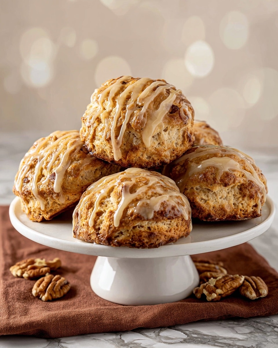 Four round muffins with a crumbly brown top are arranged on a white rectangular plate. Each muffin is drizzled with a light tan glaze in thin, uneven lines. Around the plate, there are several walnut pieces scattered, adding a rough texture and warm brown color contrast. The plate sits on a brown cloth over a white marbled surface, which shows subtle gray and beige veins. Photo taken with an iphone --ar 4:5 --v 7