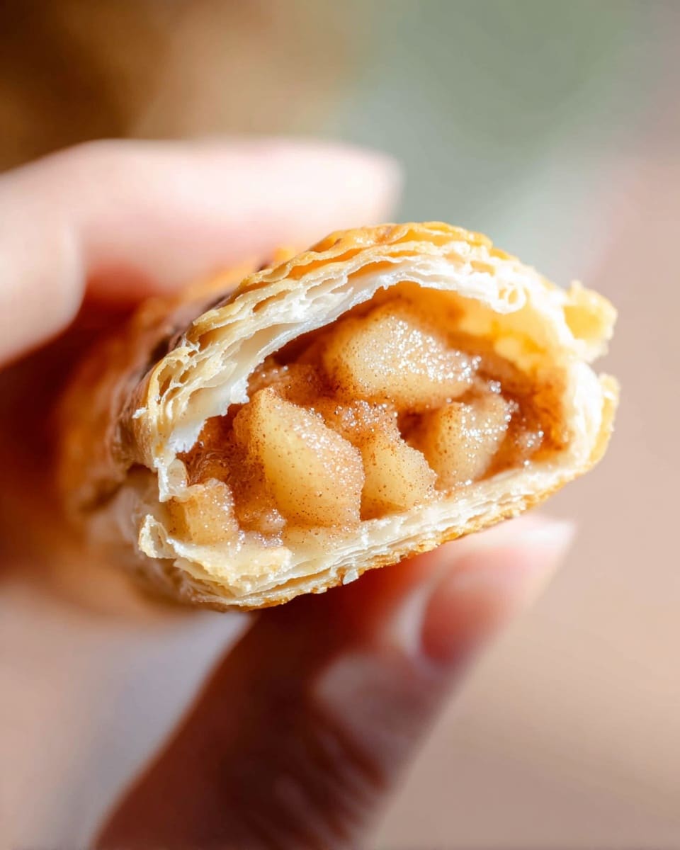 A close-up of a small folded pastry held between a woman's thumb and finger against a soft blurred background. The pastry has two layers: a thin, golden-brown flaky crust on the outside with visible crisp edges, and inside, a filling of small, soft apple pieces coated in light brown cinnamon sugar, showing a slightly shiny texture. Light shines on the pastry, highlighting the contrast between the crispy crust and tender fruit inside. photo taken with an iphone --ar 4:5 --v 7