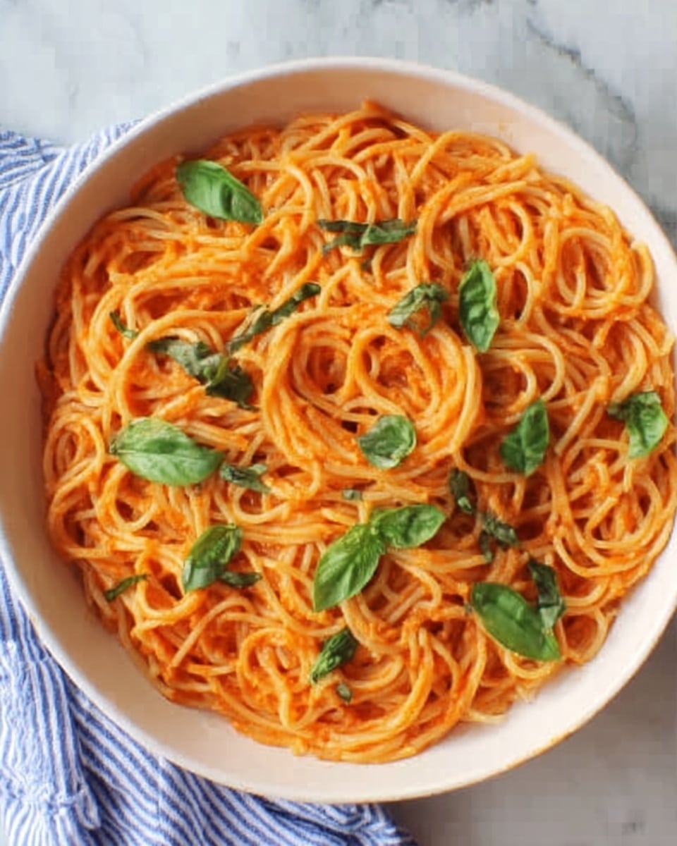 A round white bowl filled with spaghetti pasta covered in smooth orange tomato sauce, evenly mixed throughout the strands. Fresh green basil leaves are scattered on top, adding a bright contrast to the orange noodles. The bowl rests on a white marbled surface with a blue and white striped cloth partially visible on the side. photo taken with an iphone --ar 4:5 --v 7