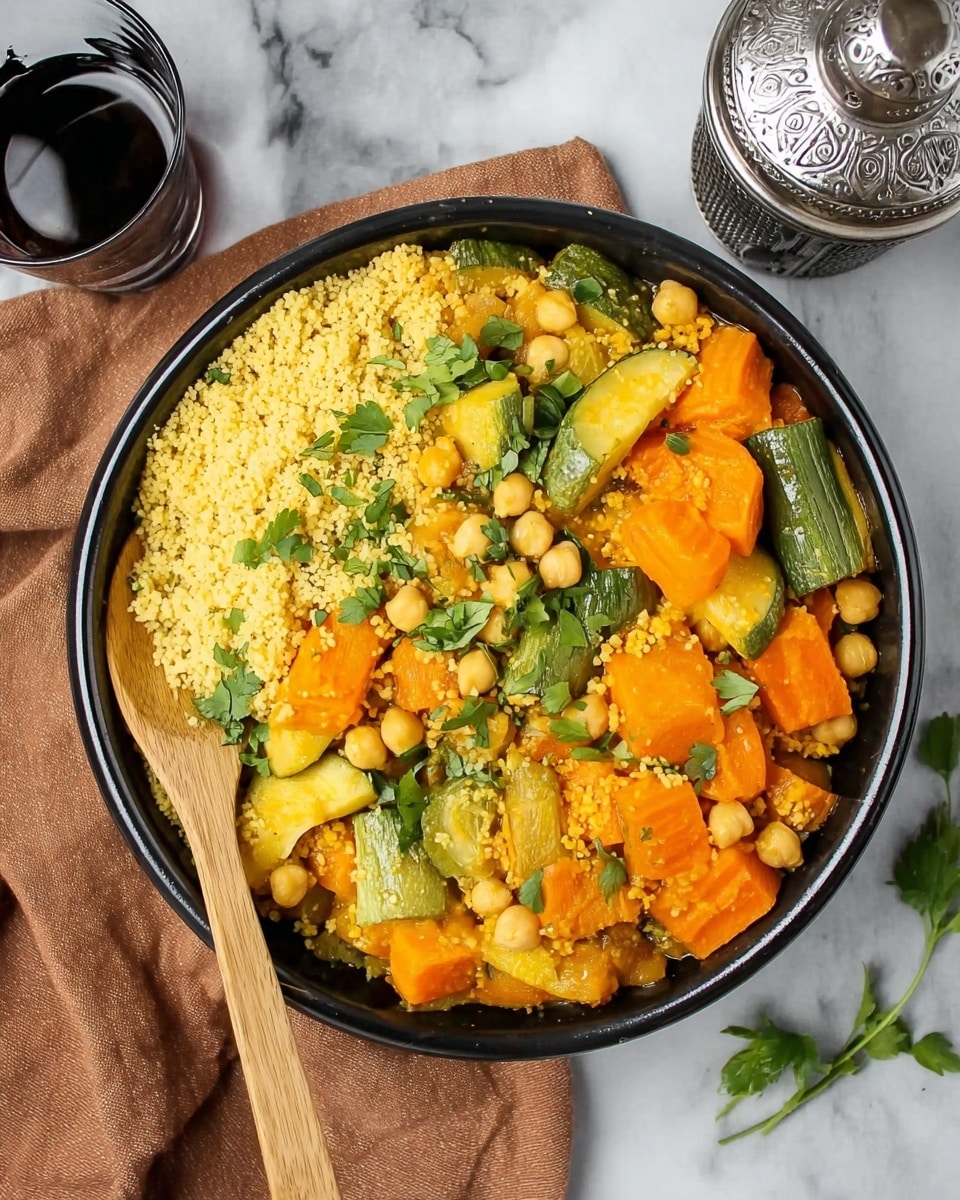 A black round bowl filled with three layers: the bottom layer is light yellow couscous with a grainy texture; the middle layer contains large chunks of orange carrot and bright yellow-orange pumpkin pieces, along with some green zucchini cut into thick strips; the top layer has small white chickpeas scattered all over, with fresh green parsley leaves sprinkled throughout. A wooden spoon rests inside the bowl on the left side. The bowl is placed on a brown cloth on a white marbled surface, with a metal lantern and a tall glass with dark liquid nearby. photo taken with an iphone --ar 4:5 --v 7